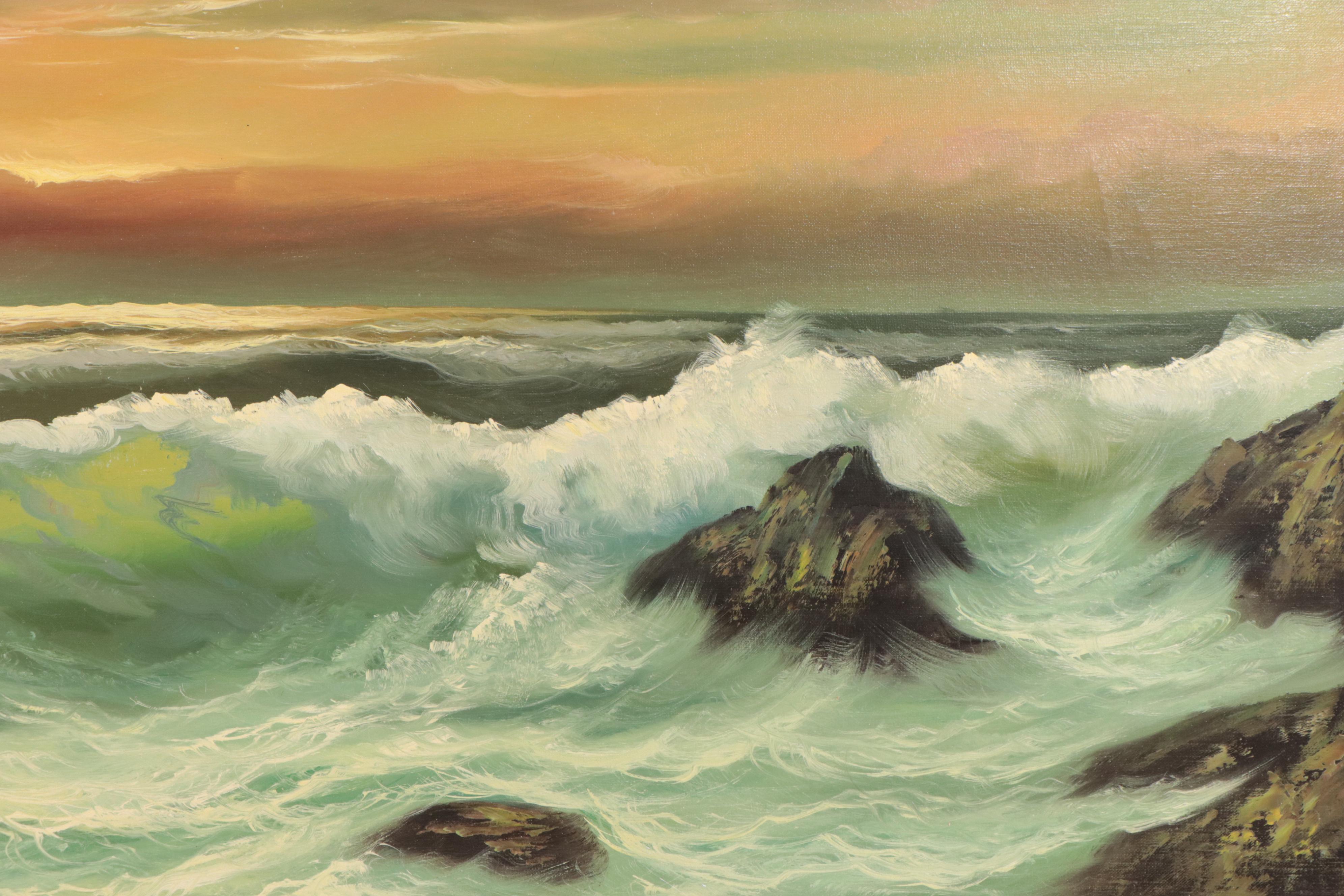 Sunset Seascape Oil Painting of Crashing Waves