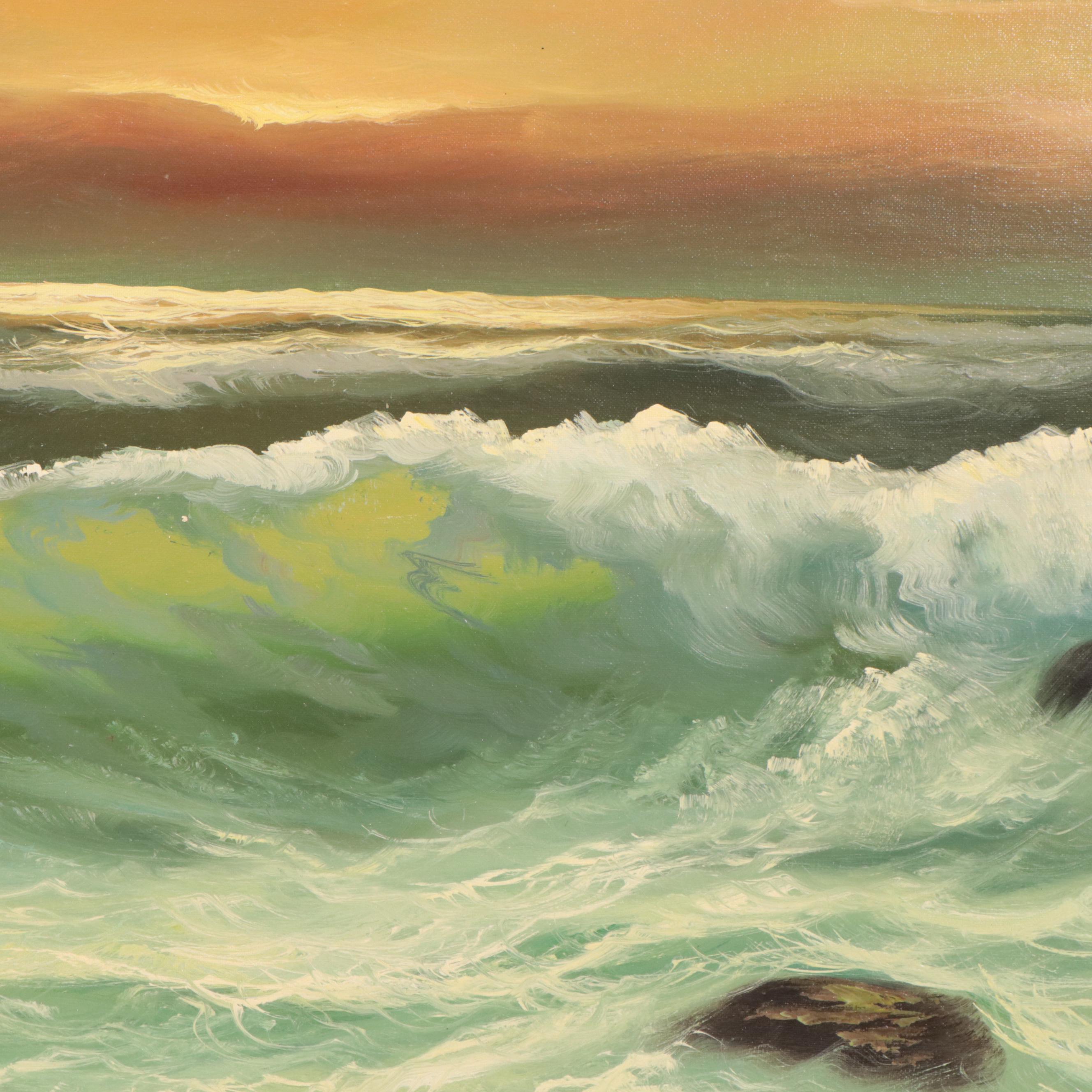 Sunset Seascape Oil Painting of Crashing Waves