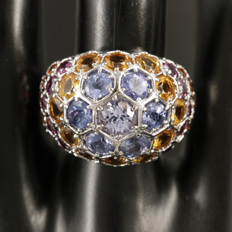 Sterling Tanzanite, Citrine and Rhodolite Garnet Domed Ring