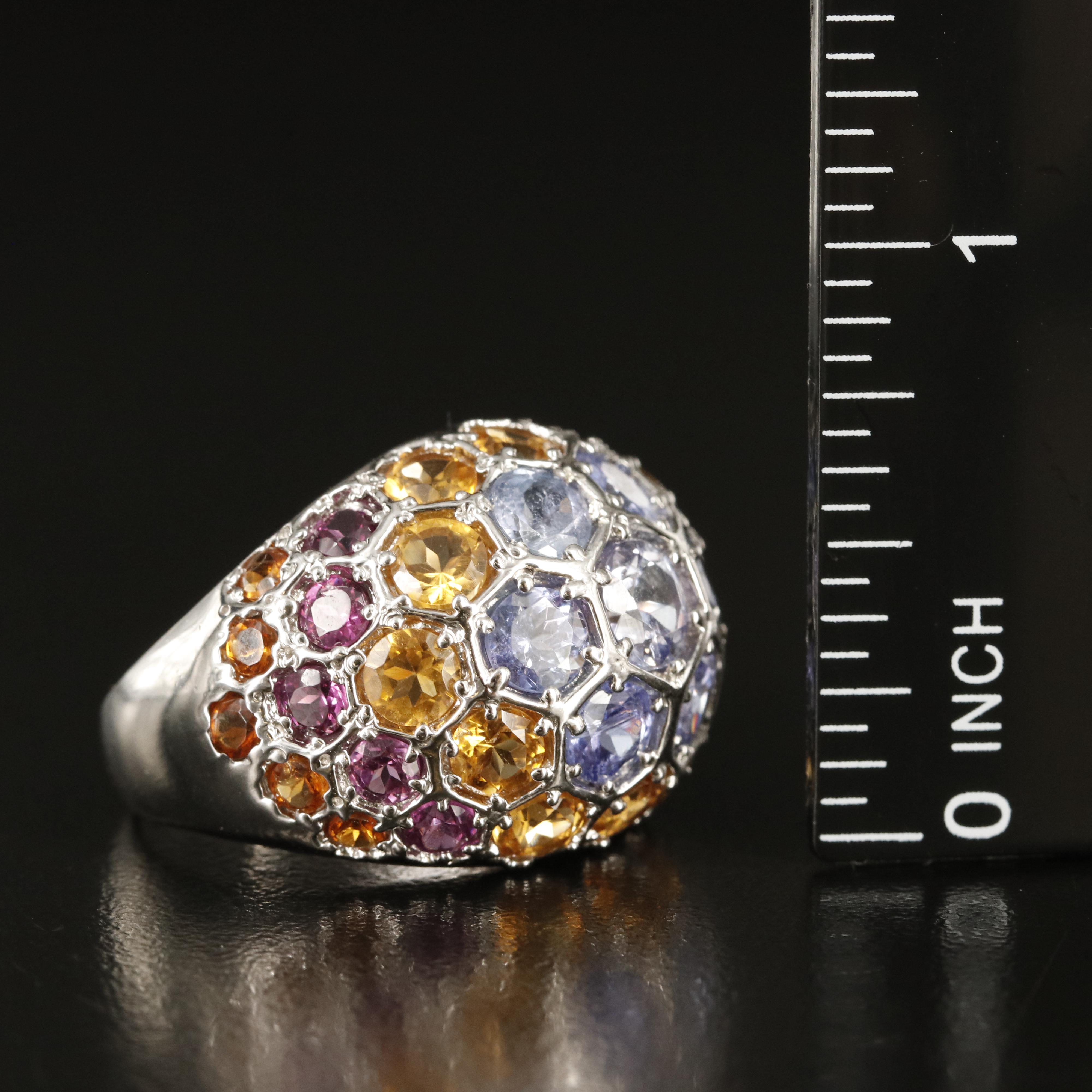 Sterling Tanzanite, Citrine and Rhodolite Garnet Domed Ring