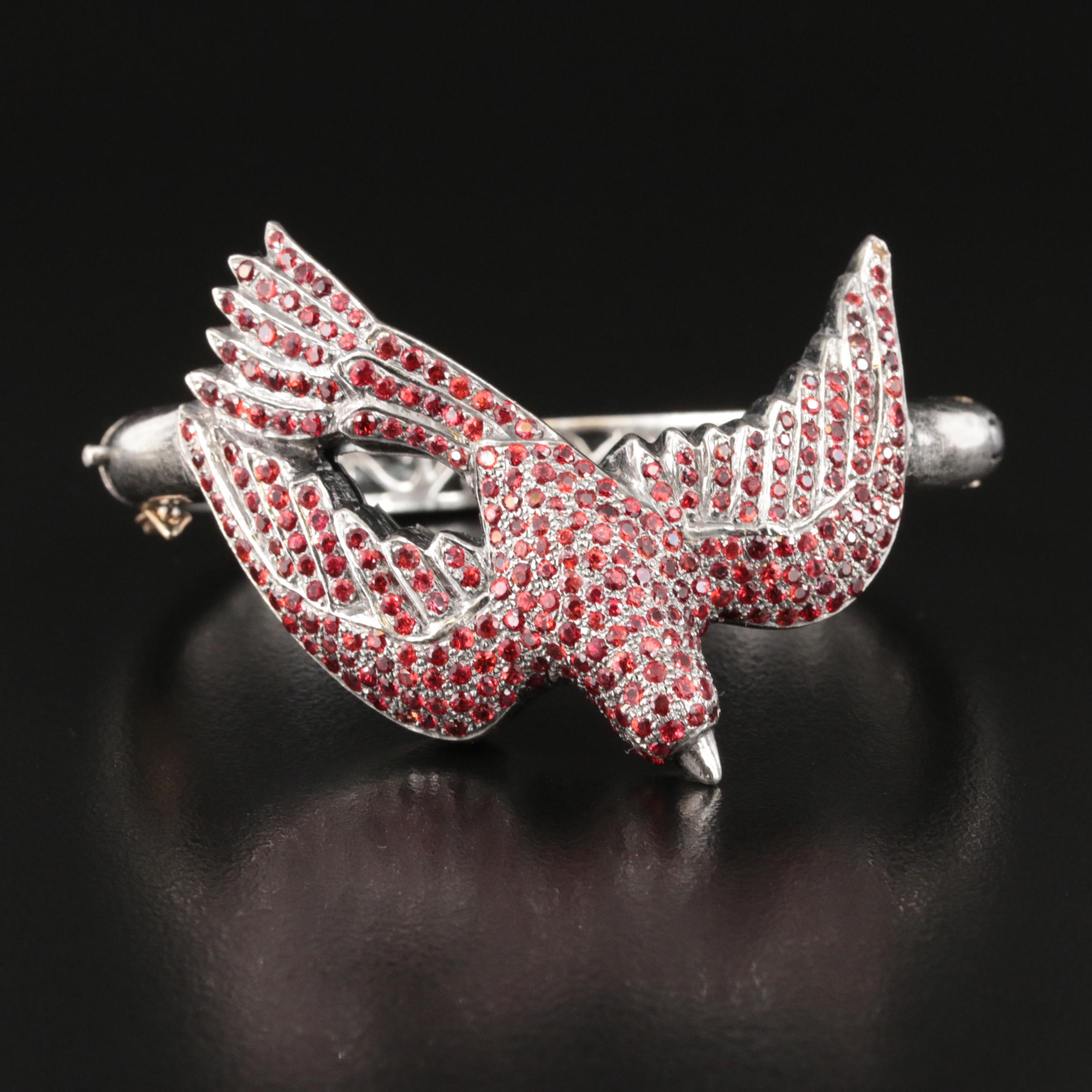 Vintage Sterling Sapphire Red Bird Hinged Bangle with 14K Accent