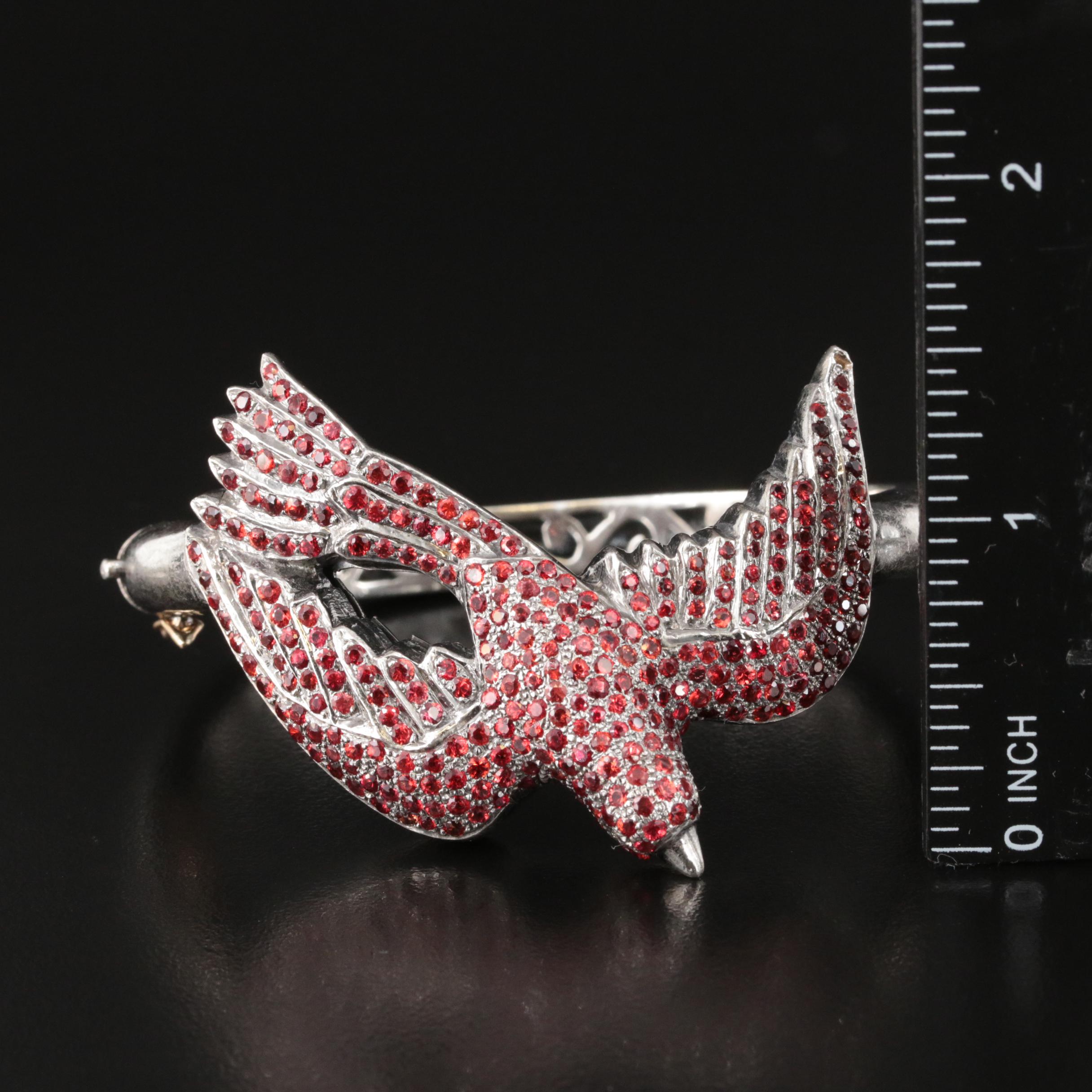 Vintage Sterling Sapphire Red Bird Hinged Bangle with 14K Accent