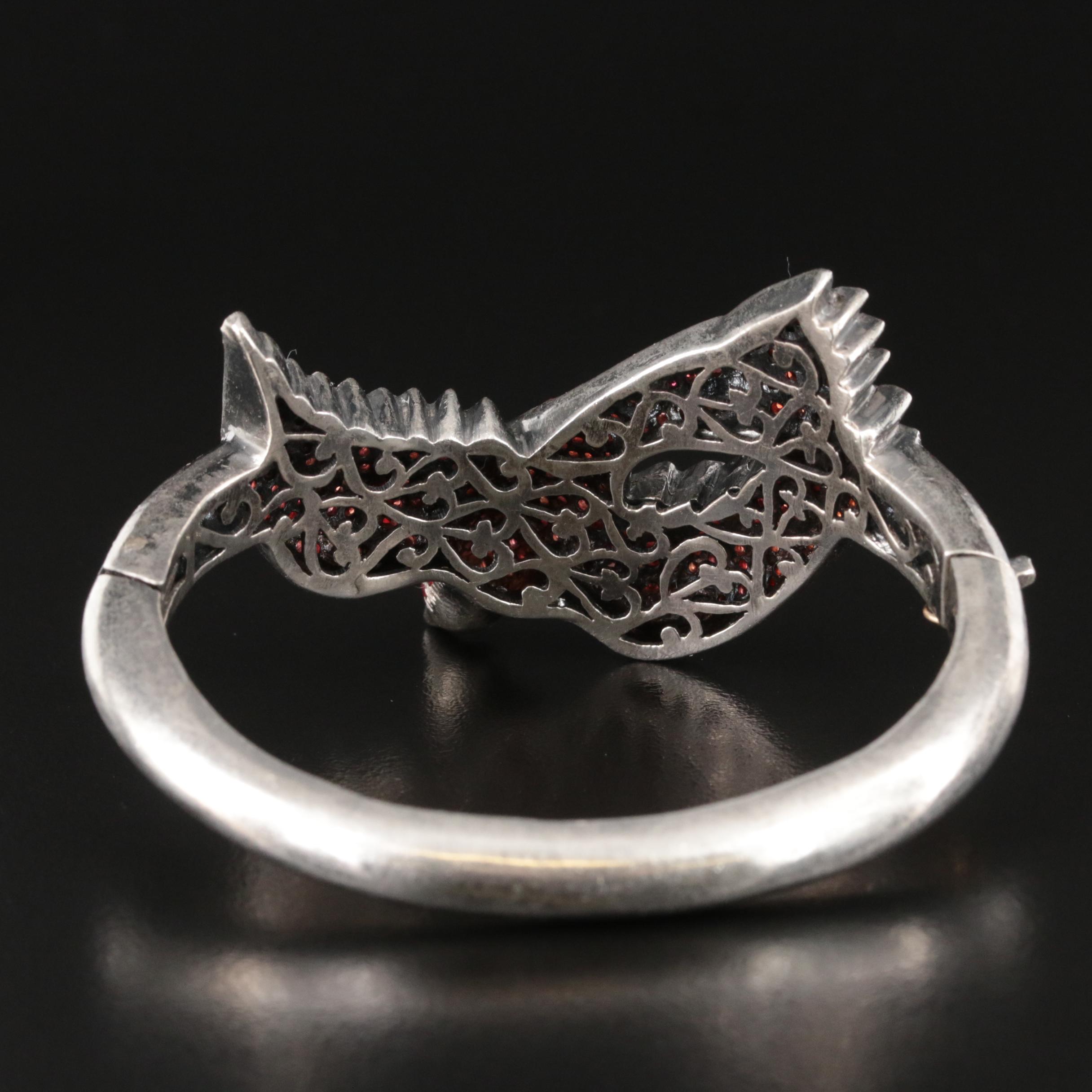 Vintage Sterling Sapphire Red Bird Hinged Bangle with 14K Accent