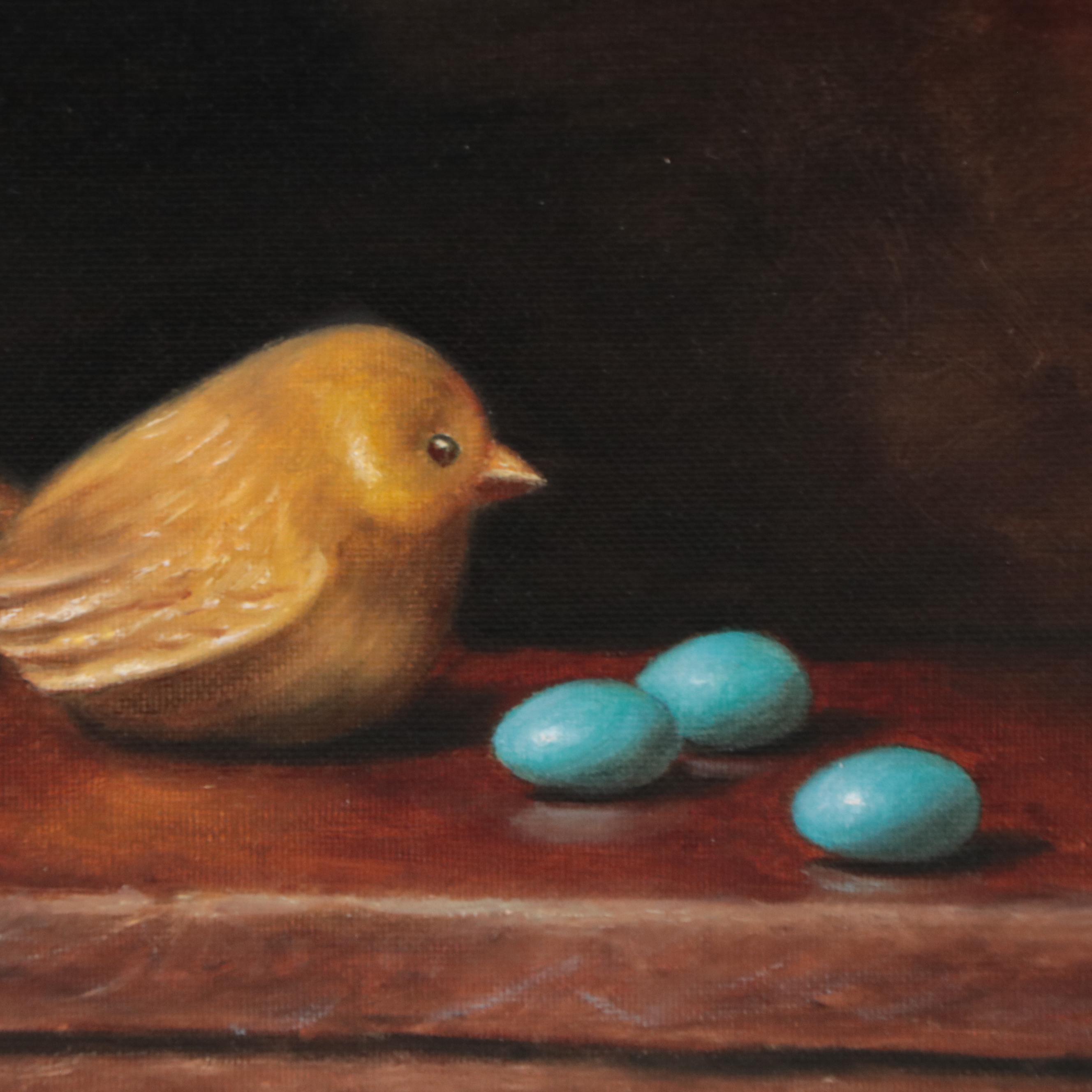 Houra H. Alghizzi Still Life Oil Painting "Golden Bird and Robin Eggs" 2023