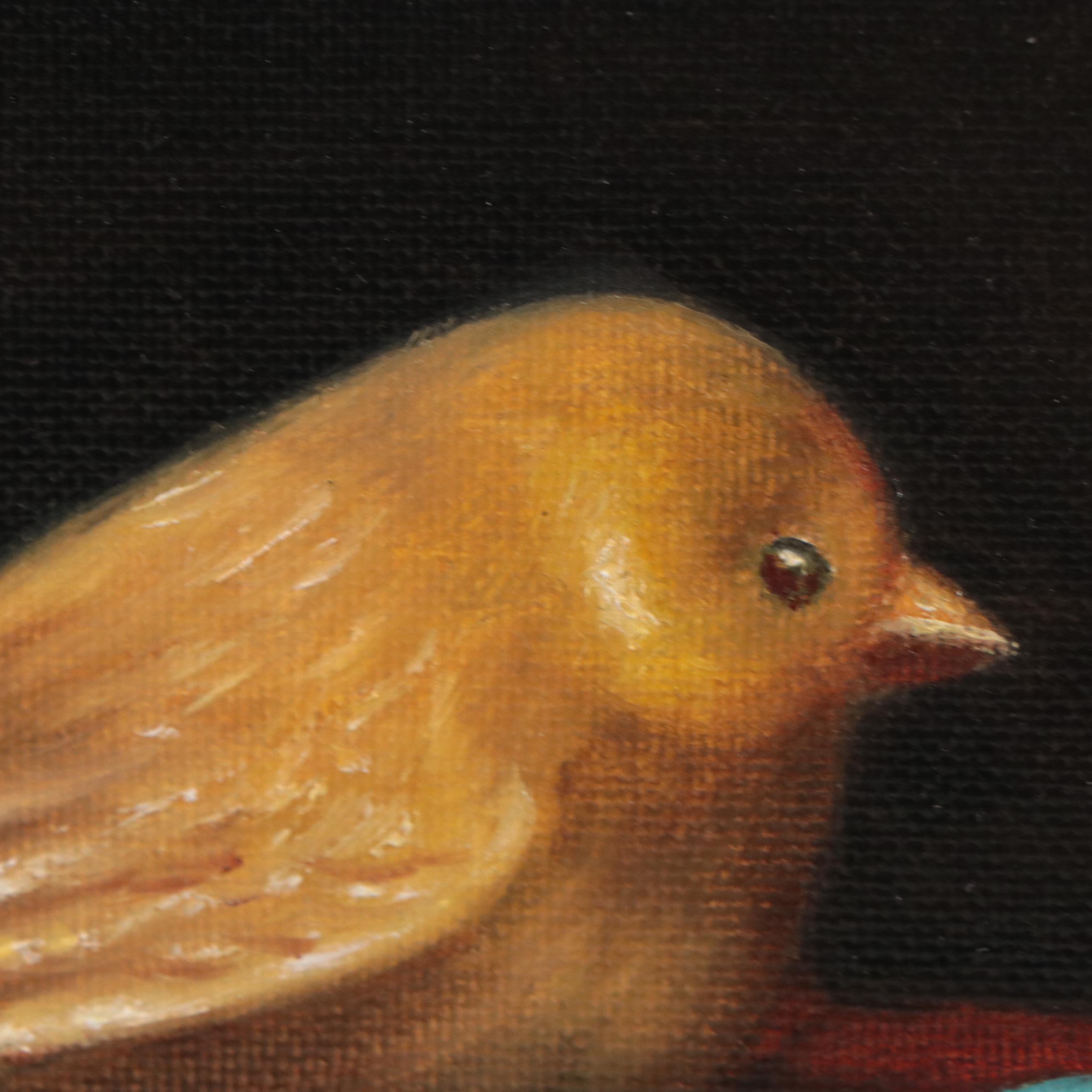 Houra H. Alghizzi Still Life Oil Painting "Golden Bird and Robin Eggs" 2023