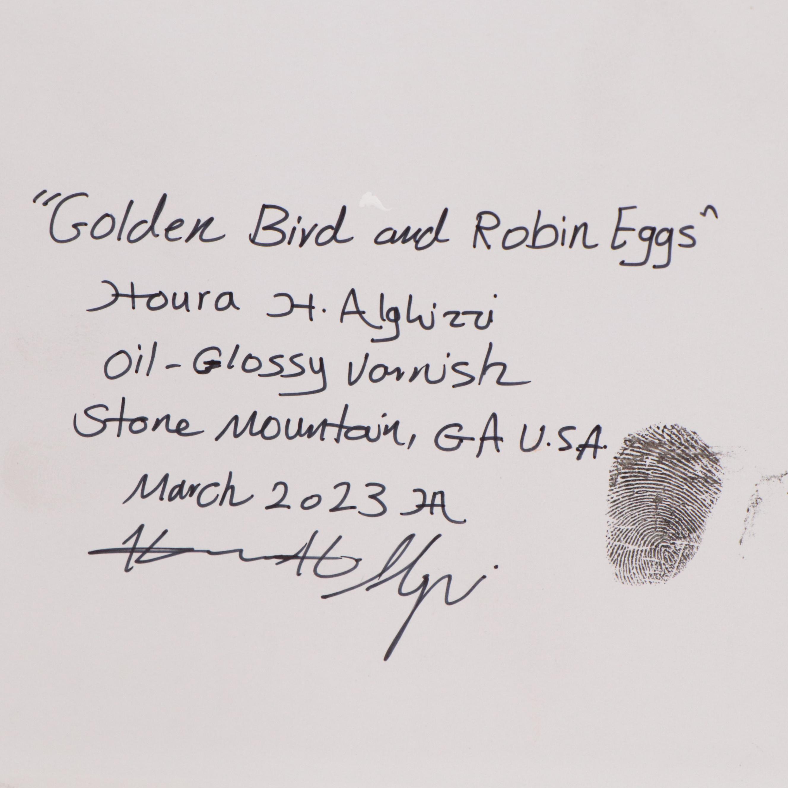 Houra H. Alghizzi Still Life Oil Painting "Golden Bird and Robin Eggs" 2023
