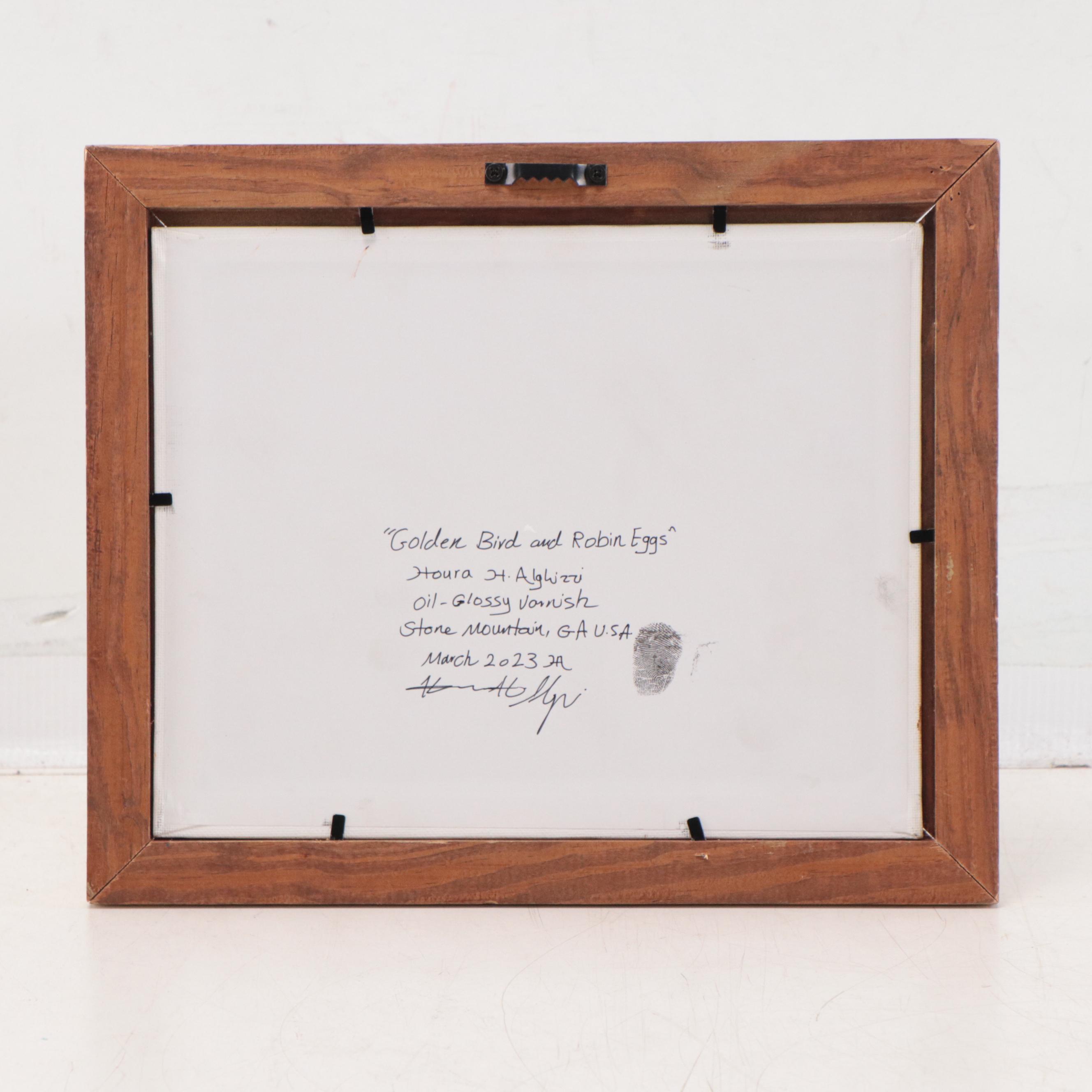 Houra H. Alghizzi Still Life Oil Painting "Golden Bird and Robin Eggs" 2023