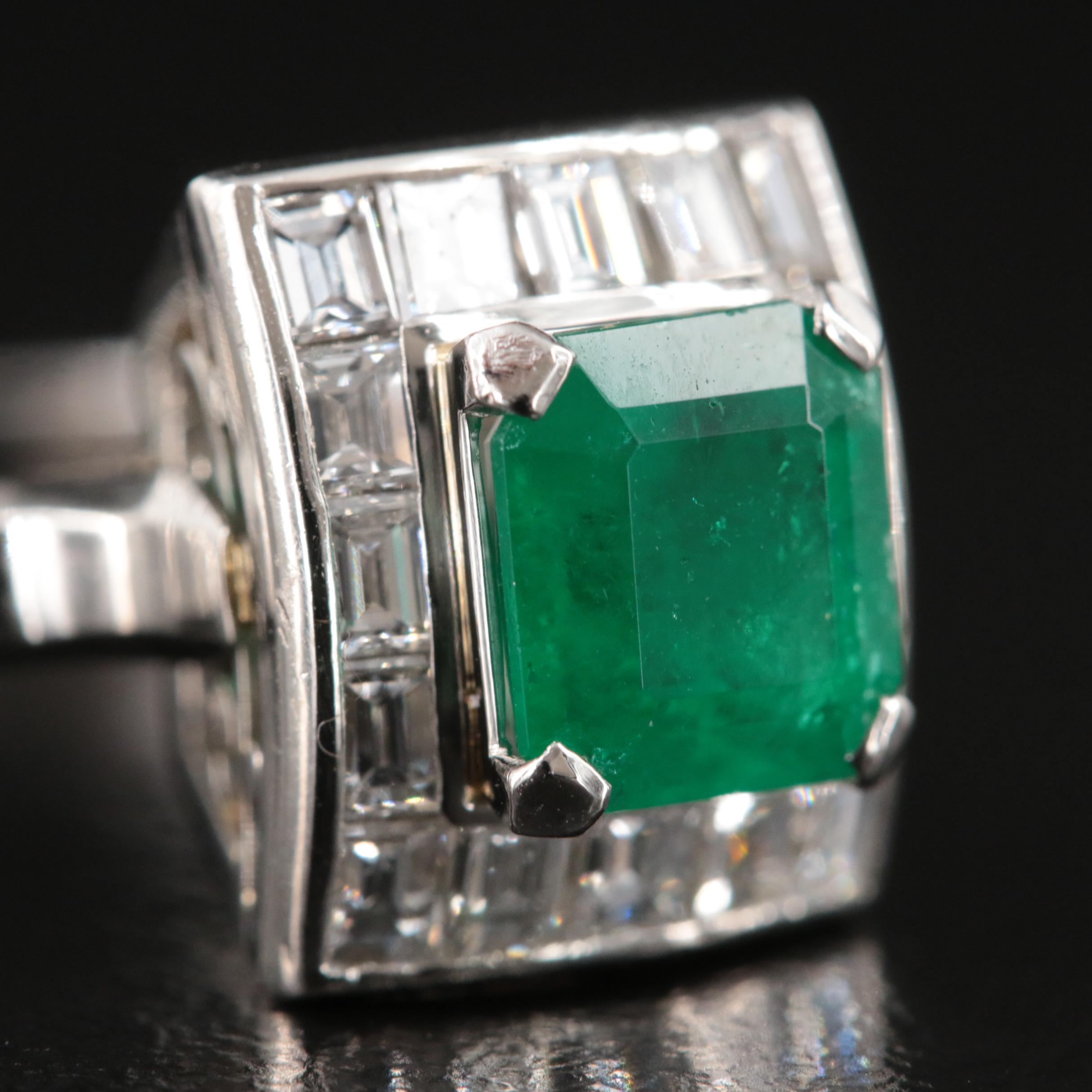 Platinum 1.31 CT Emerald and Diamond Ring with GIA Report