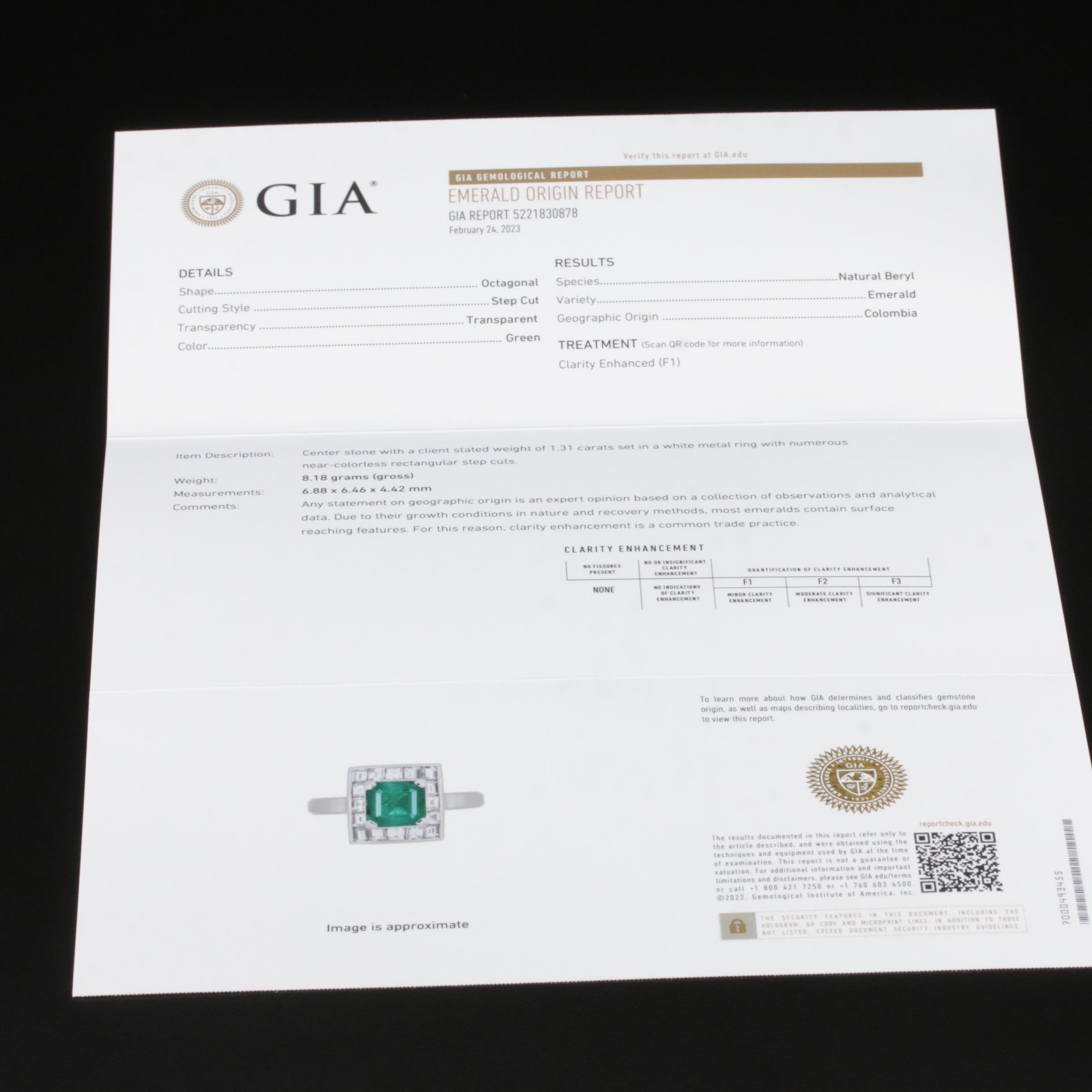 Platinum 1.31 CT Emerald and Diamond Ring with GIA Report