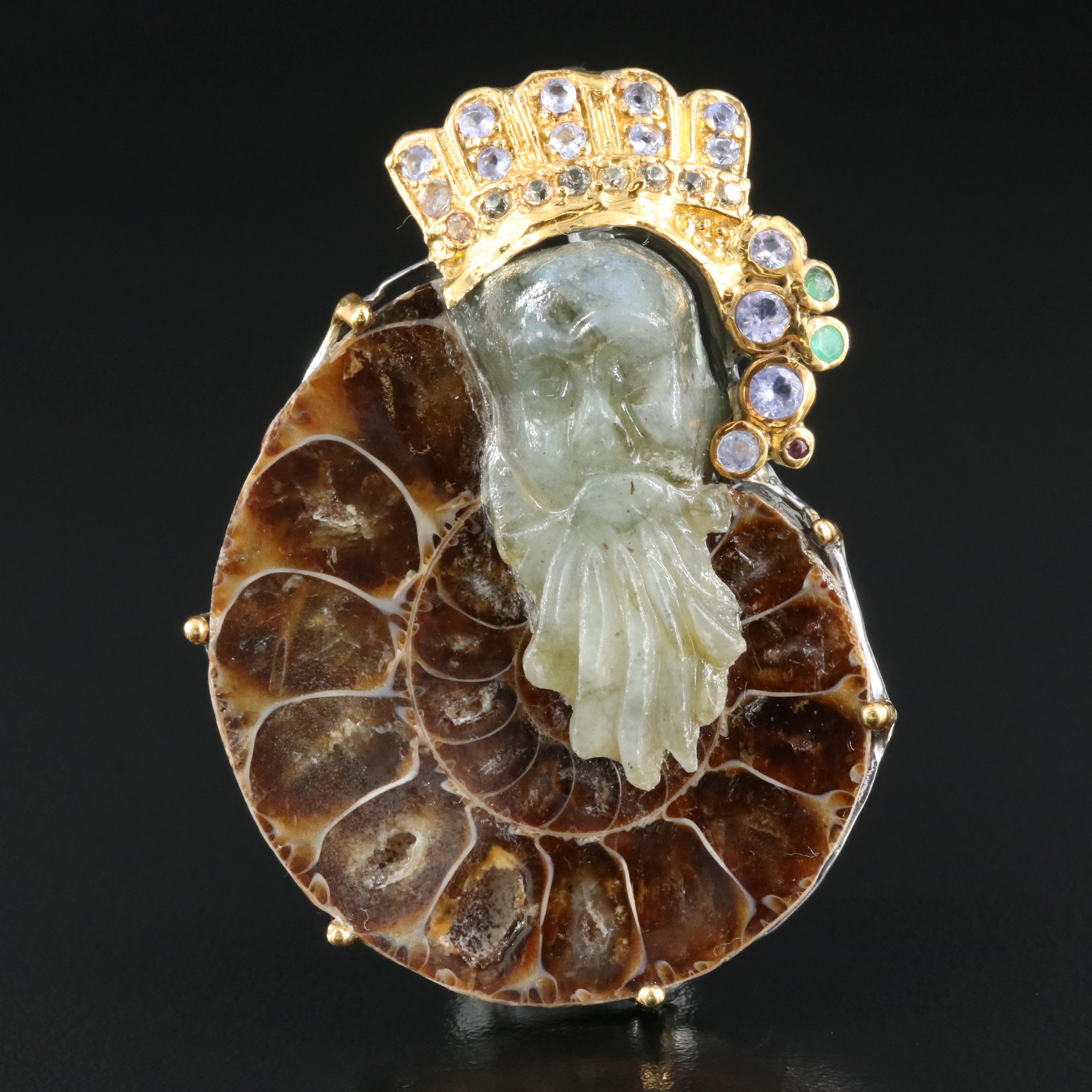 Sterling Pendant Including Ammonite, Emerald and Sapphire