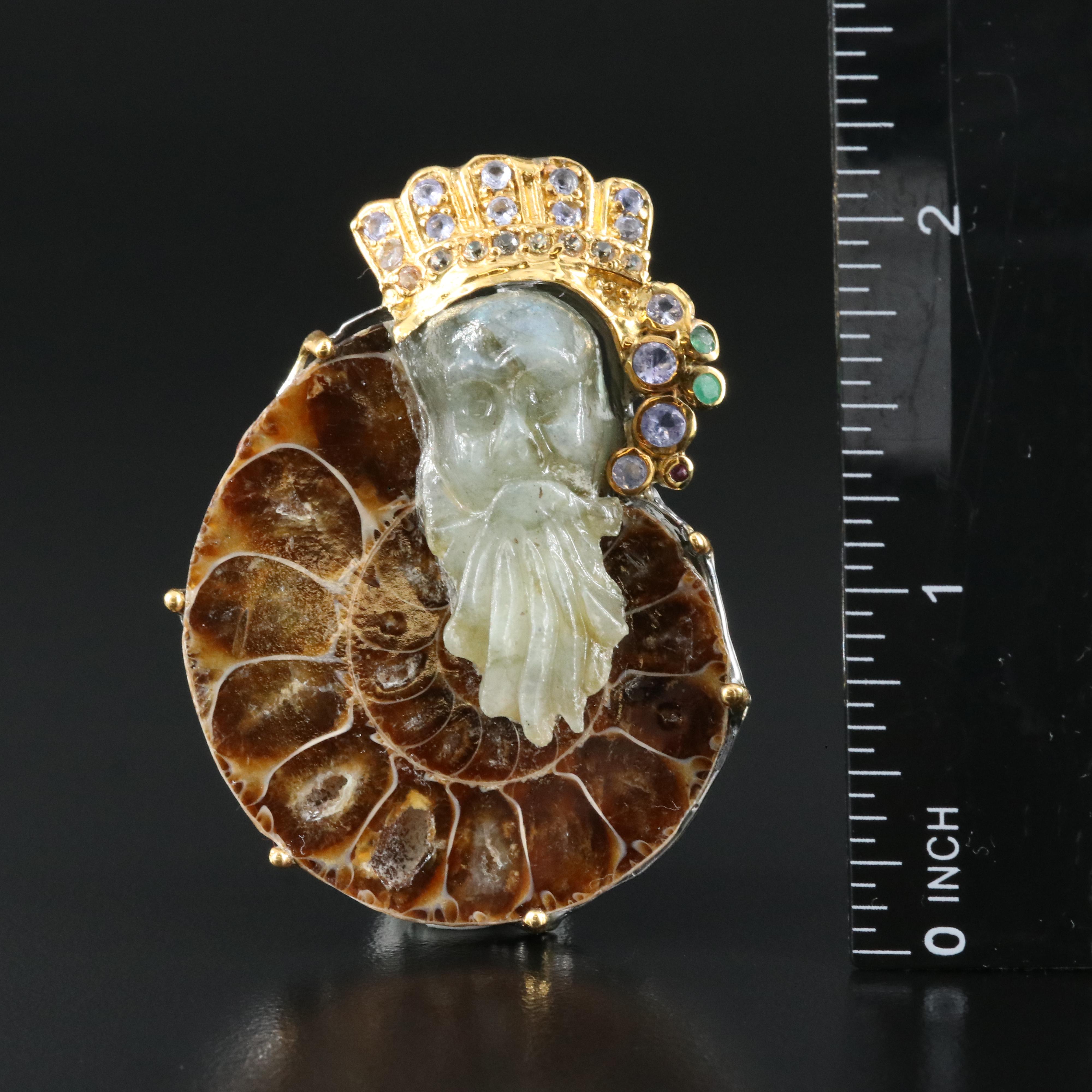 Sterling Pendant Including Ammonite, Emerald and Sapphire