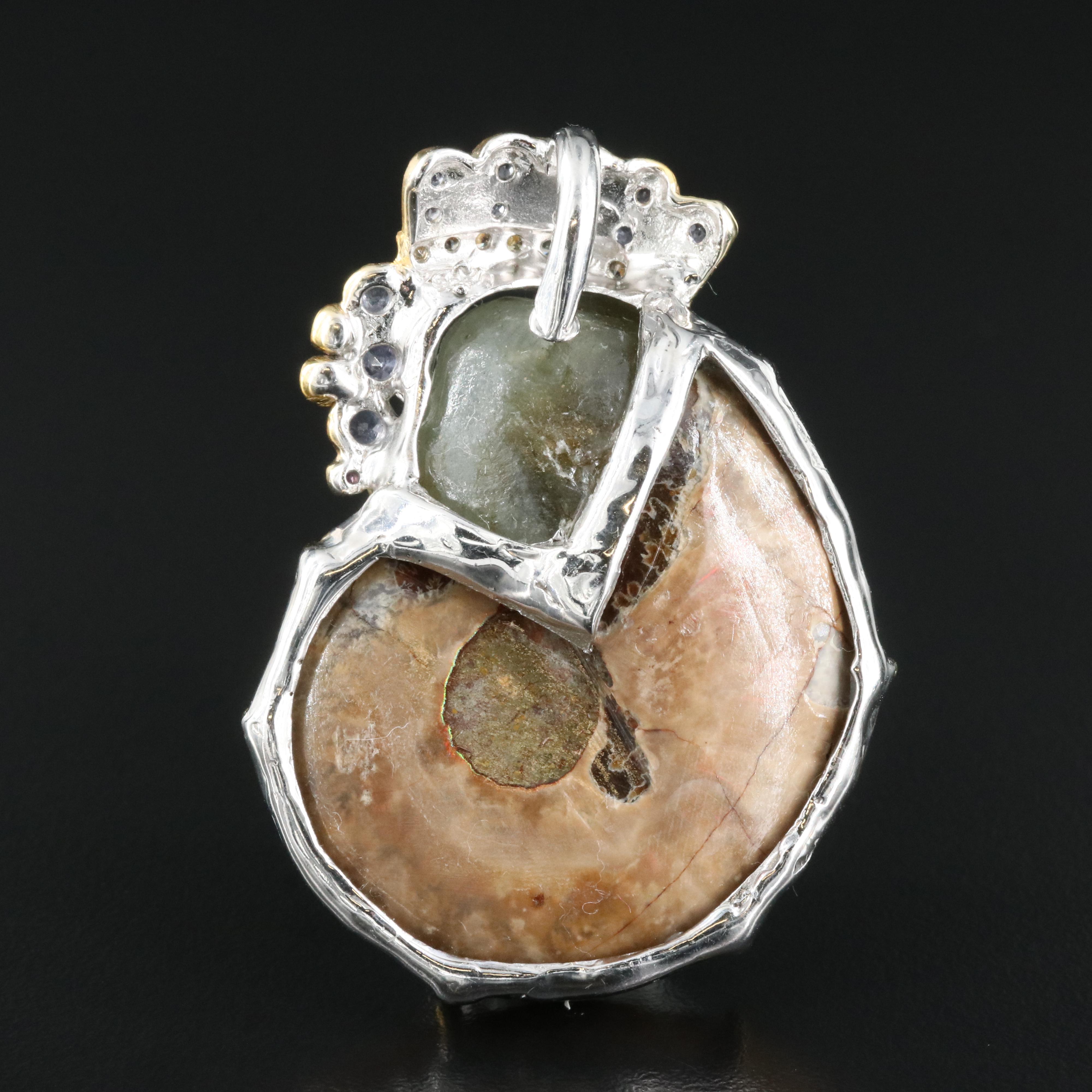 Sterling Pendant Including Ammonite, Emerald and Sapphire
