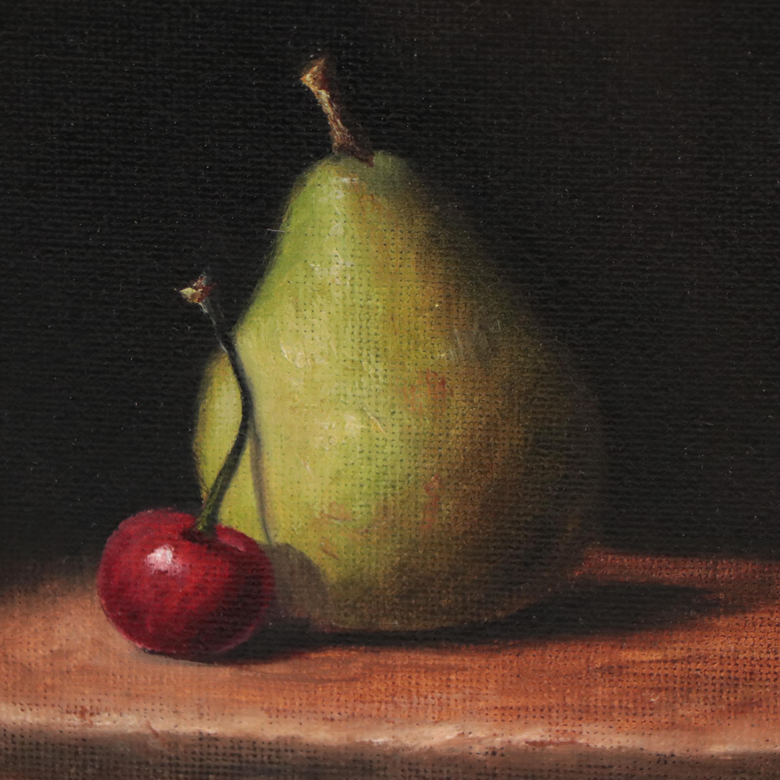 Houra H. Alghizzi Still Life Oil Painting "Green Pear and Cherry," 2023