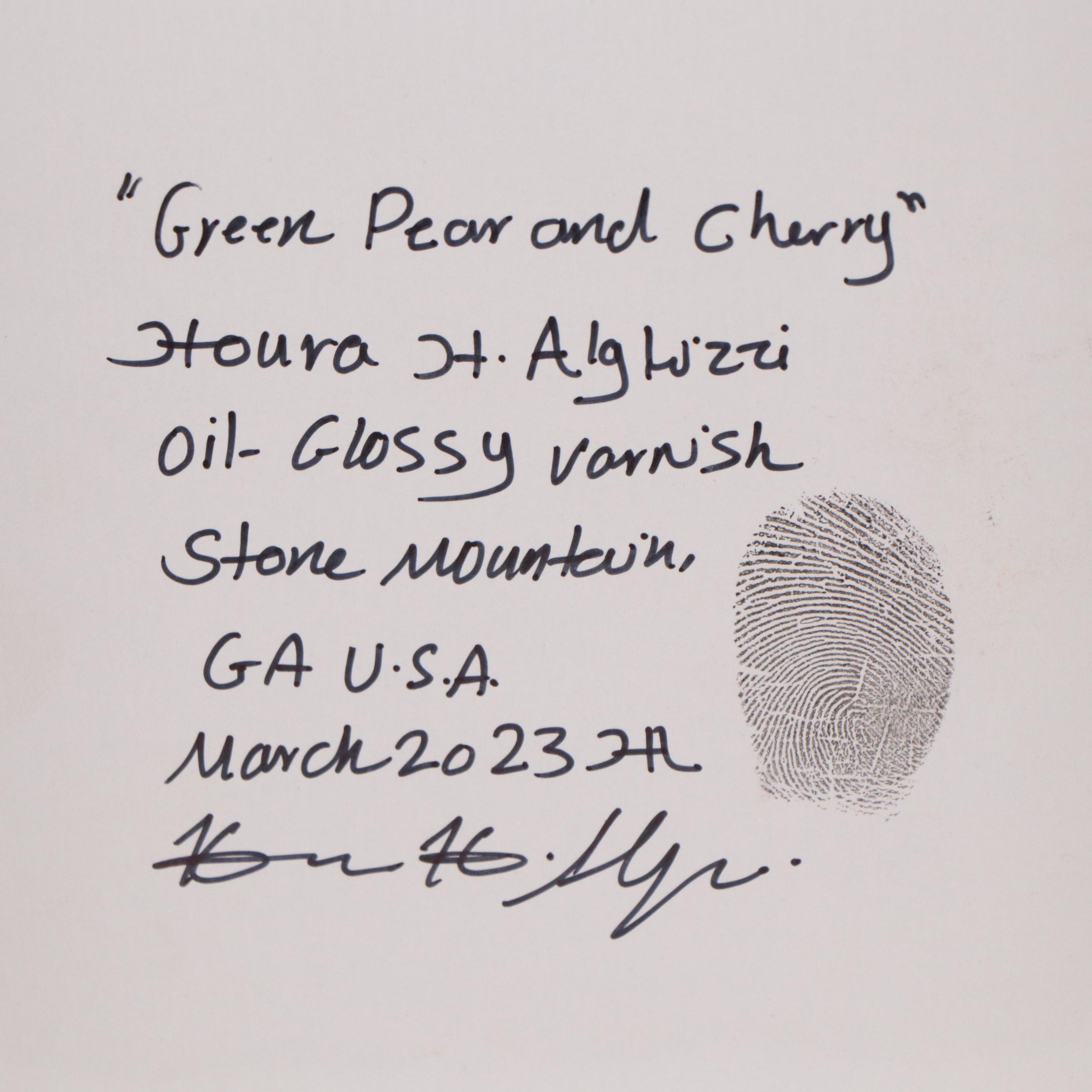 Houra H. Alghizzi Still Life Oil Painting "Green Pear and Cherry," 2023