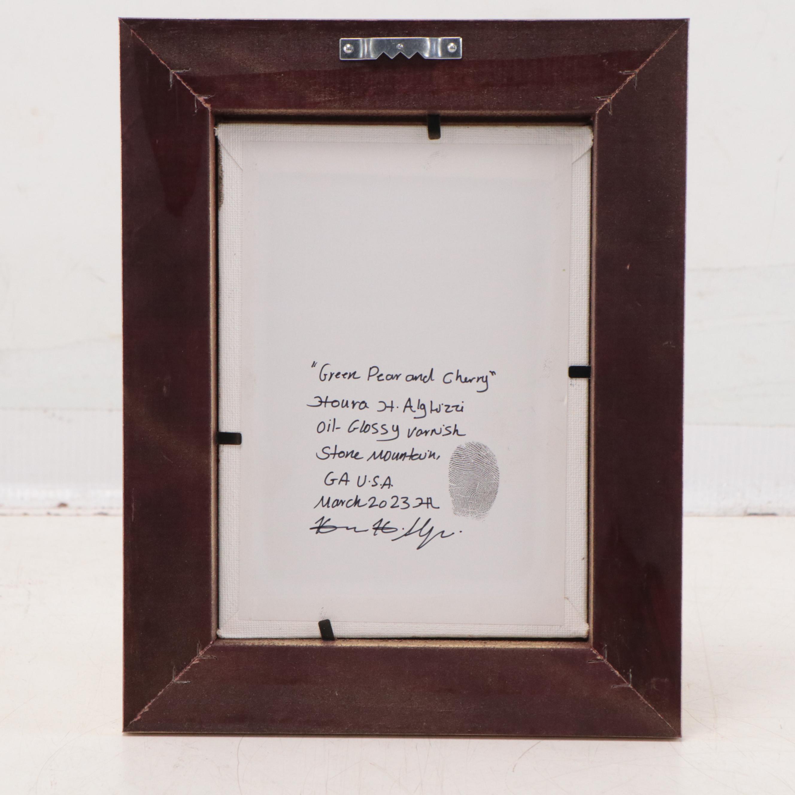 Houra H. Alghizzi Still Life Oil Painting "Green Pear and Cherry," 2023