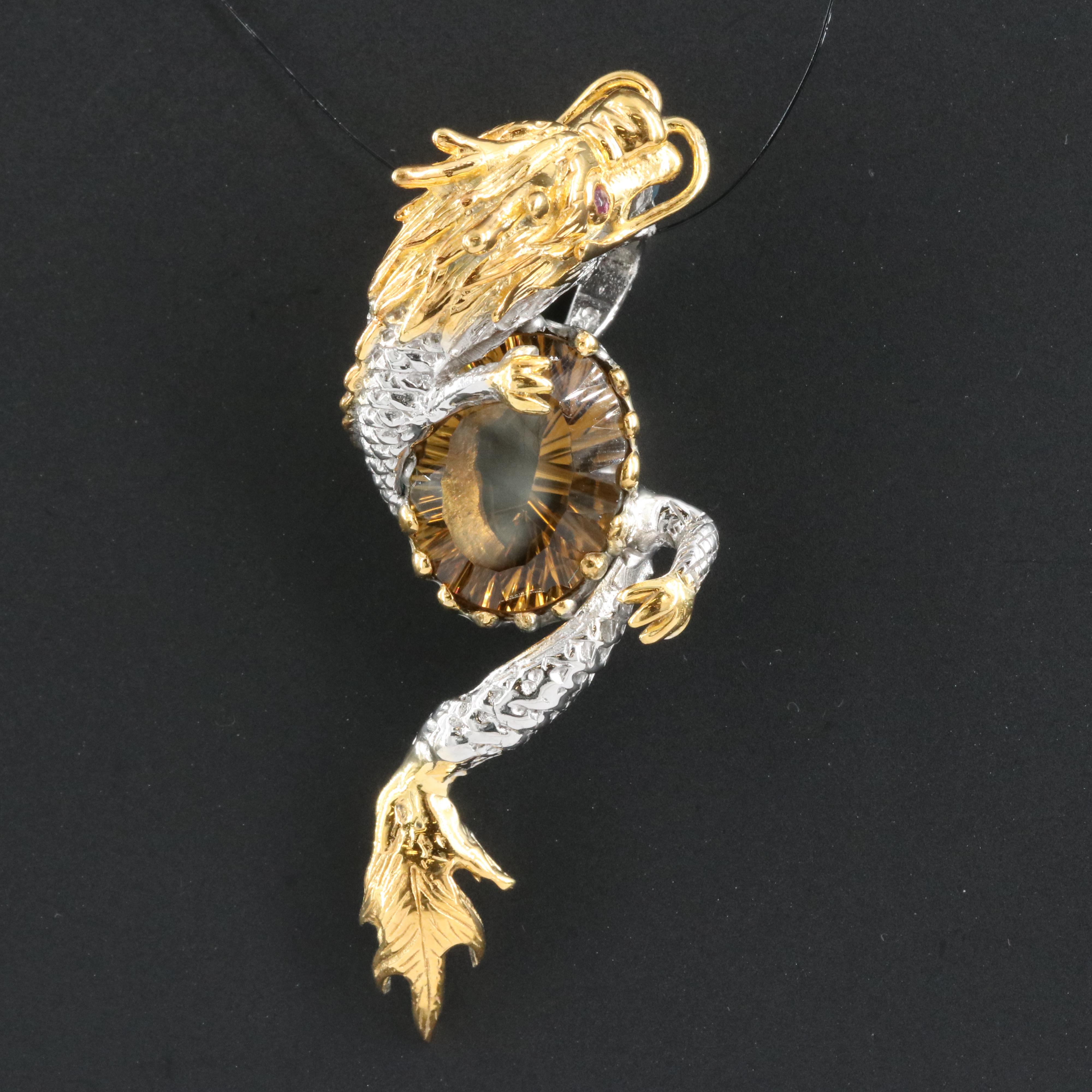 Sterling Citrine, Swiss Blue Topaz and Garnet Dragon Pendant