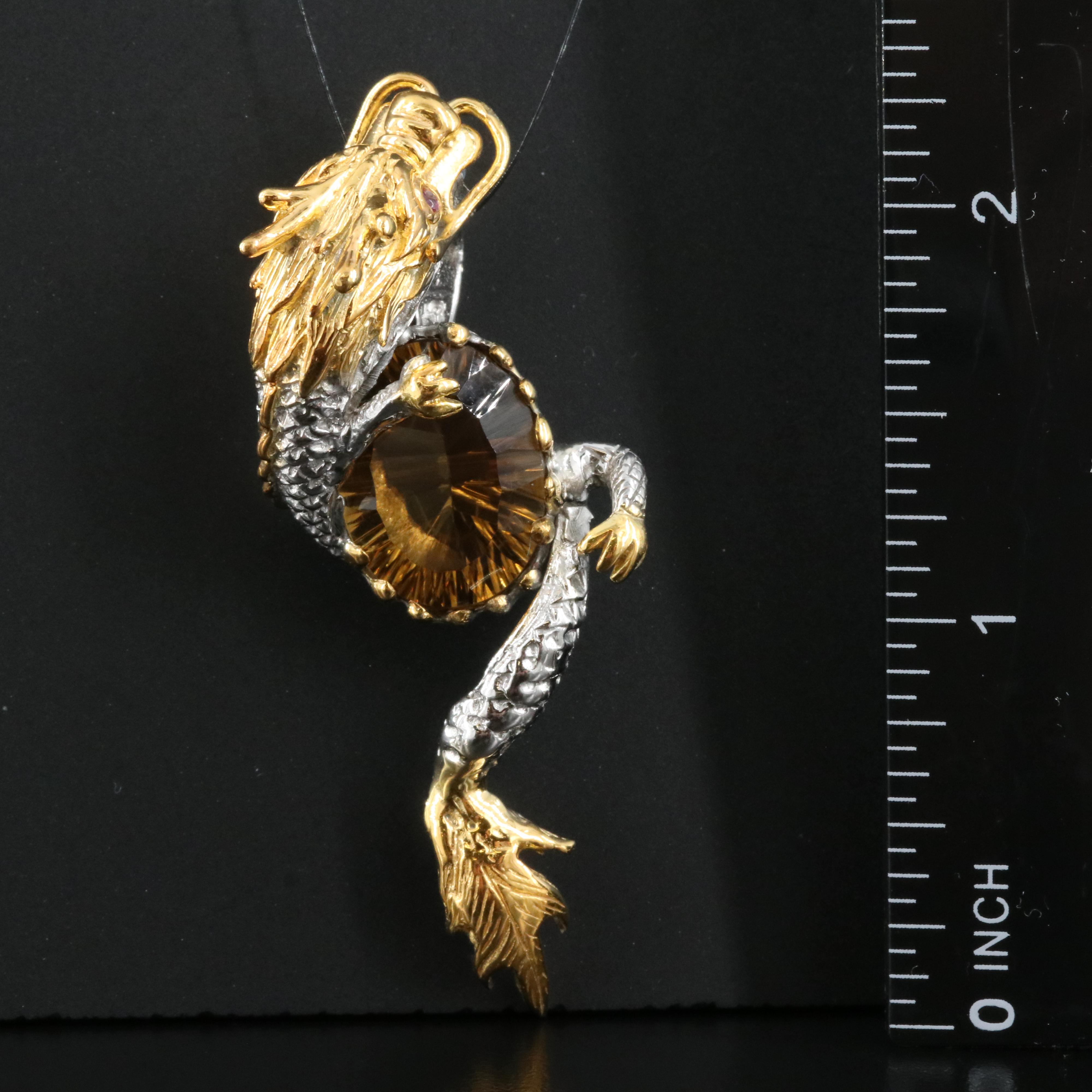 Sterling Citrine, Swiss Blue Topaz and Garnet Dragon Pendant