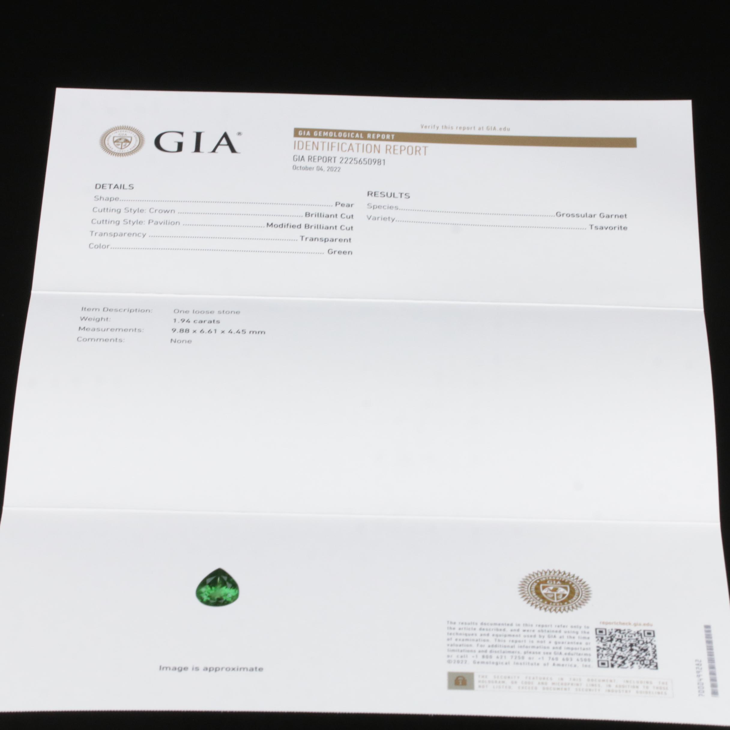 14K 1.94 CT Tsavorite Garnet and Diamond Ring with GIA Report