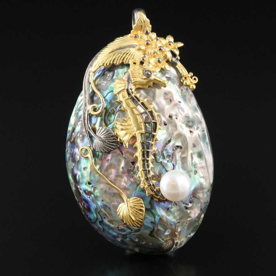 Sterling Pearl, Abalone and Mother-of-Pearl Seahorse Pendant