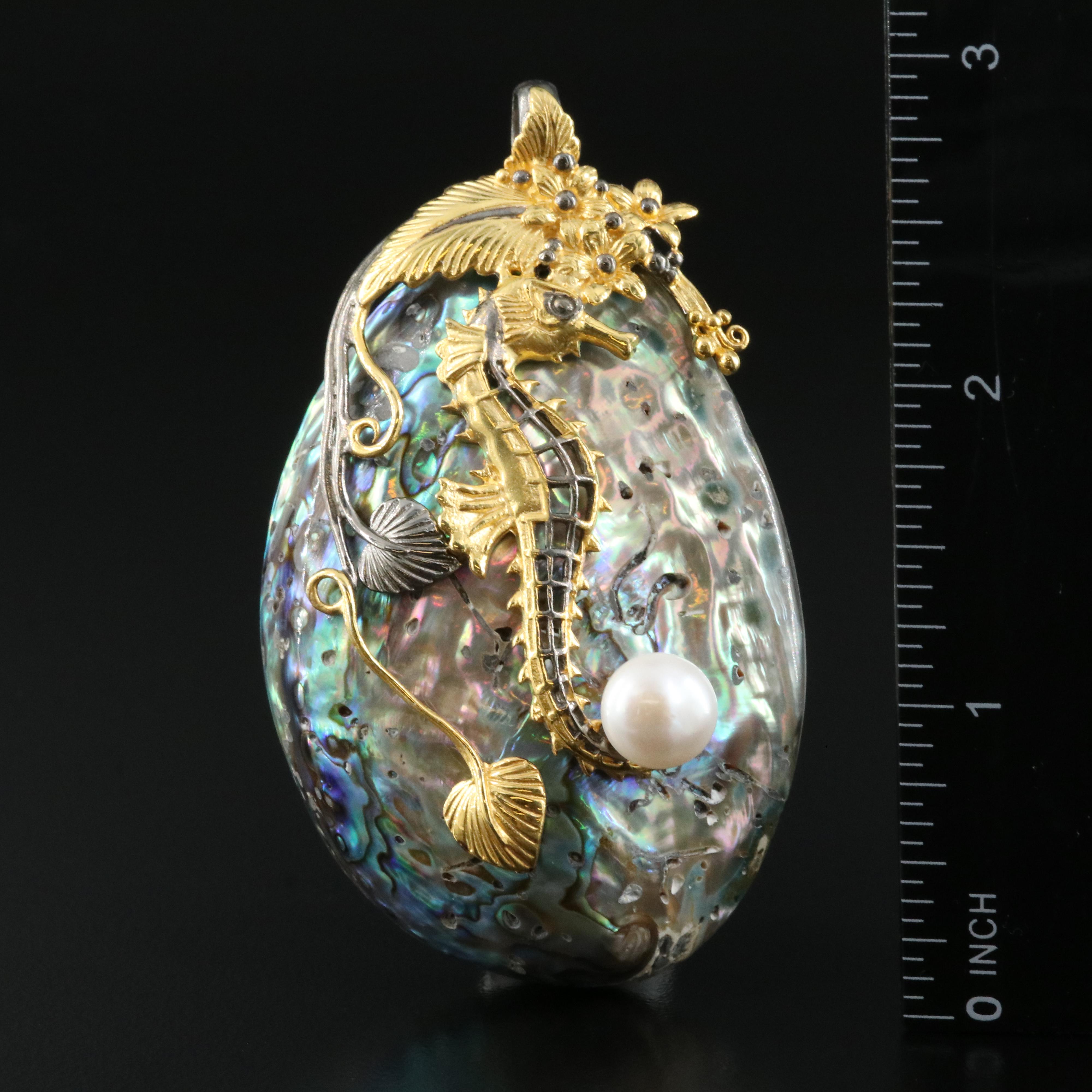 Sterling Pearl, Abalone and Mother-of-Pearl Seahorse Pendant