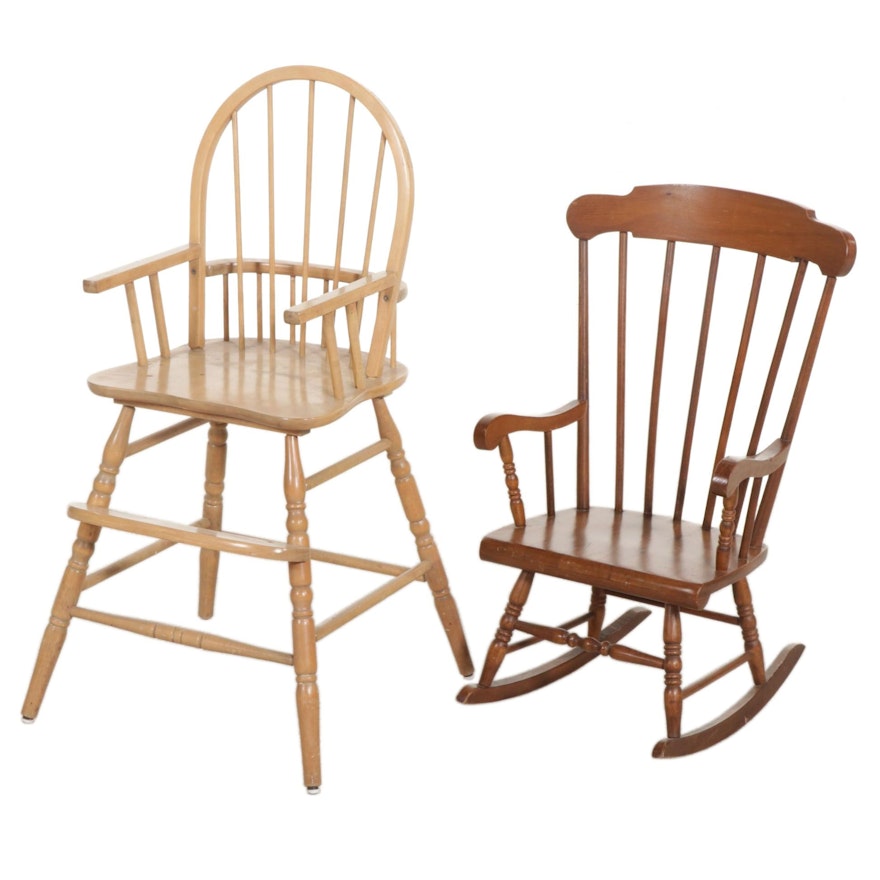 Child's Maple High Chair and Walnut Rocking Chair, Mid to Late 20th Century