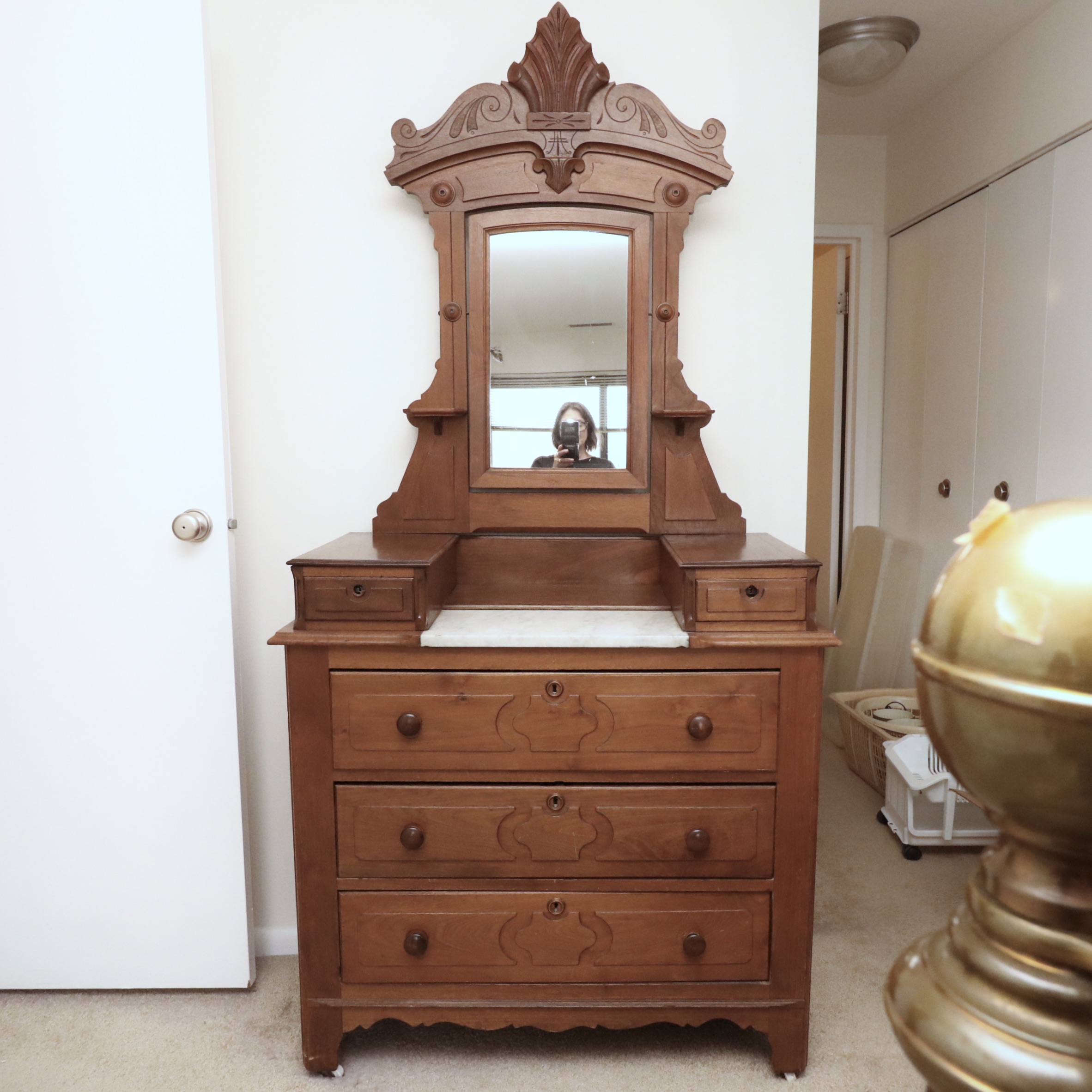 Victorian Eastlake Style Walnut Marble Top Dresser, Late 19th Century
