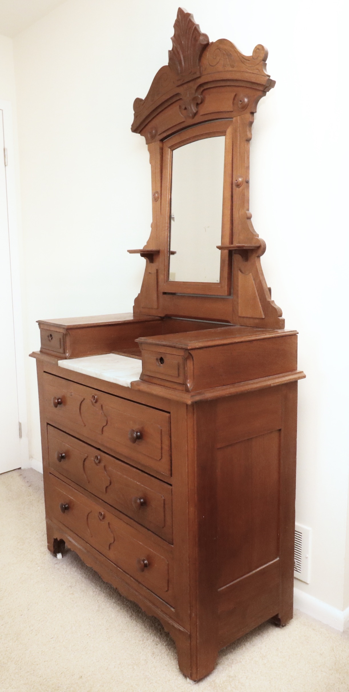 Victorian Eastlake Style Walnut Marble Top Dresser, Late 19th Century