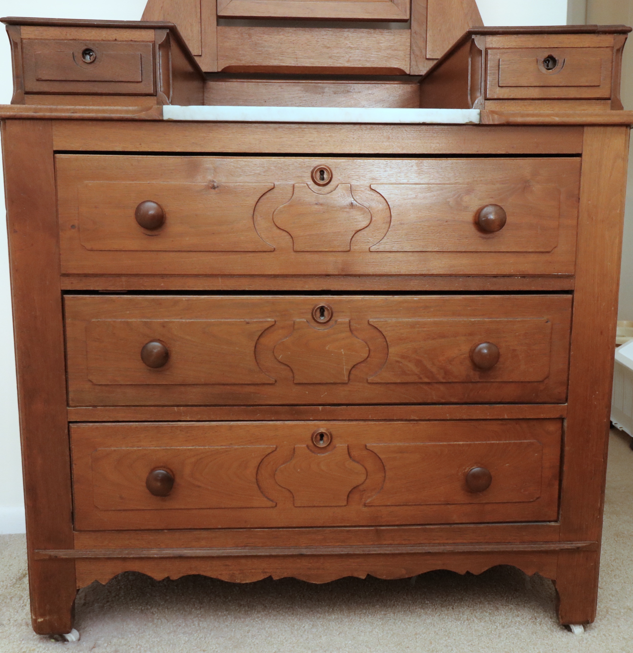 Victorian Eastlake Style Walnut Marble Top Dresser, Late 19th Century