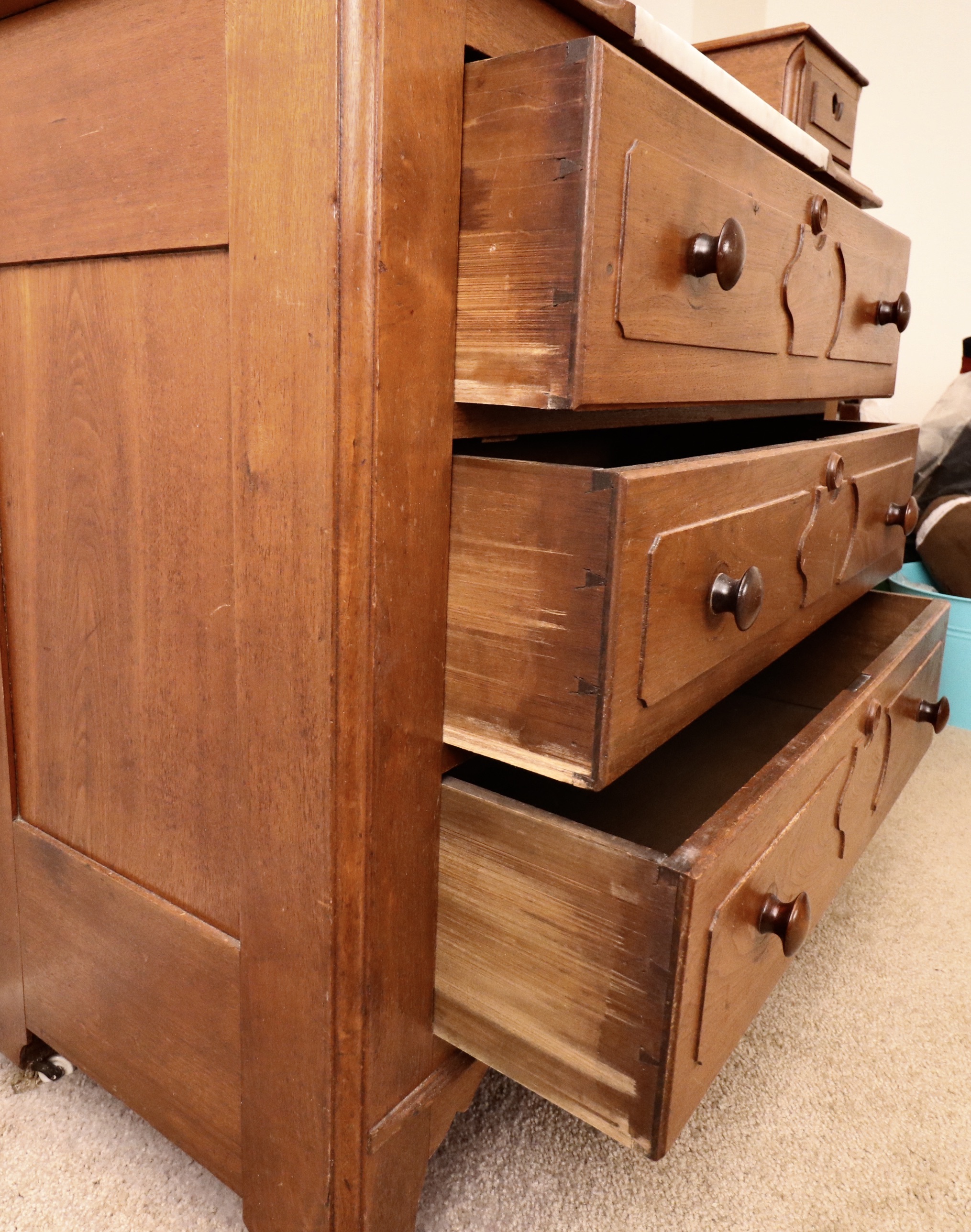 Victorian Eastlake Style Walnut Marble Top Dresser, Late 19th Century