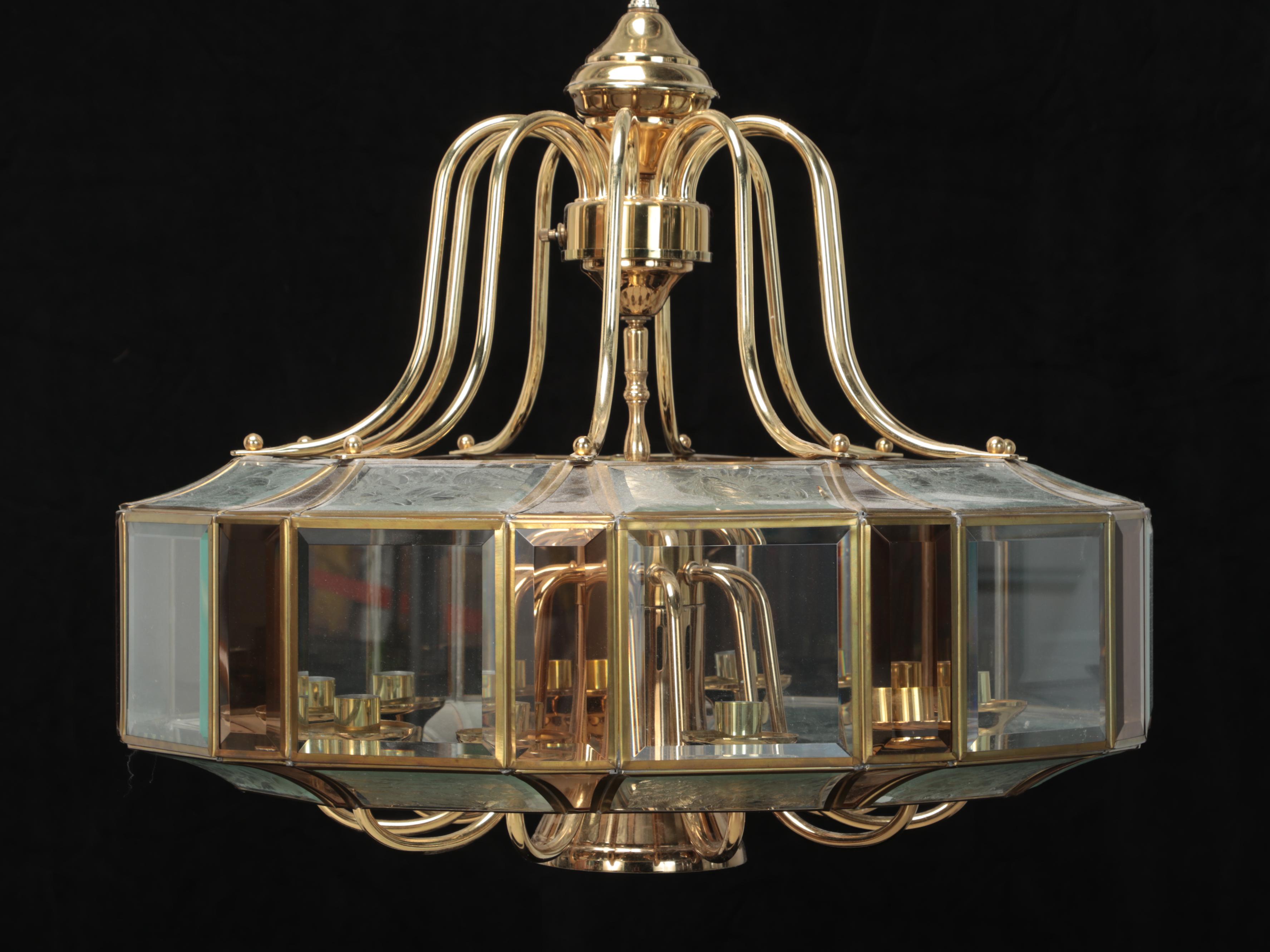 Brass and Beveled Glass Pendant Light, Late 20th Century