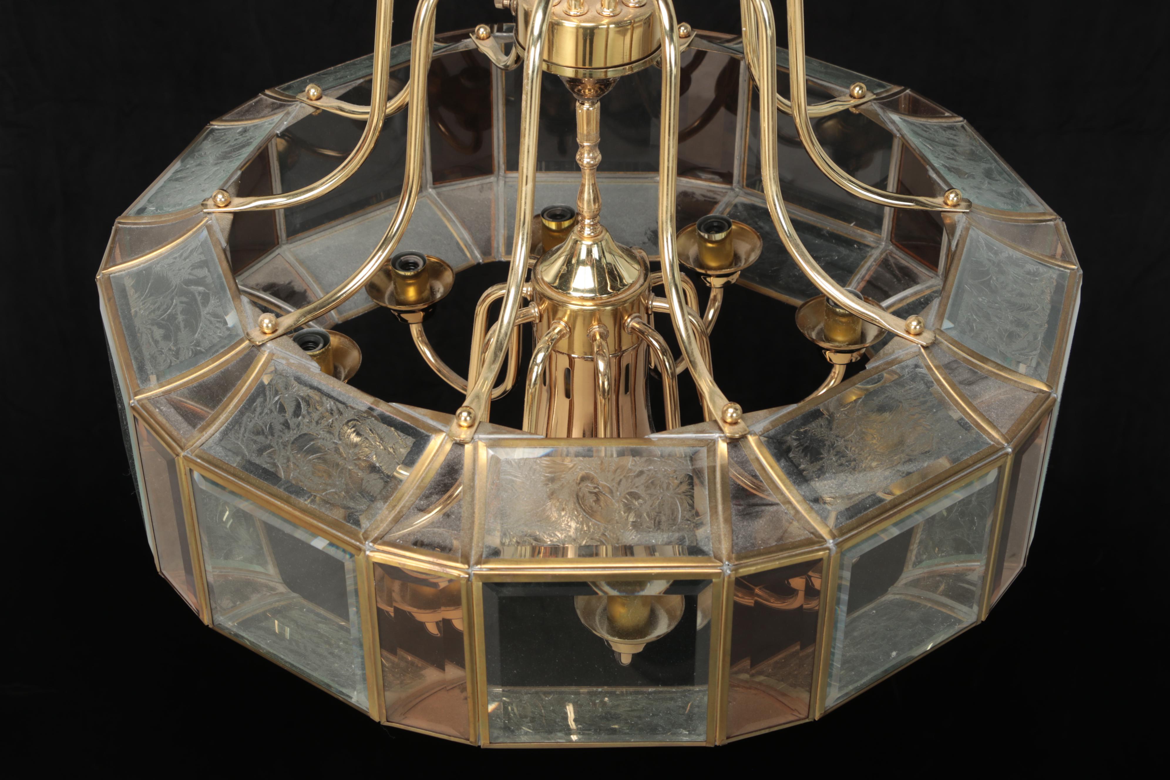 Brass and Beveled Glass Pendant Light, Late 20th Century