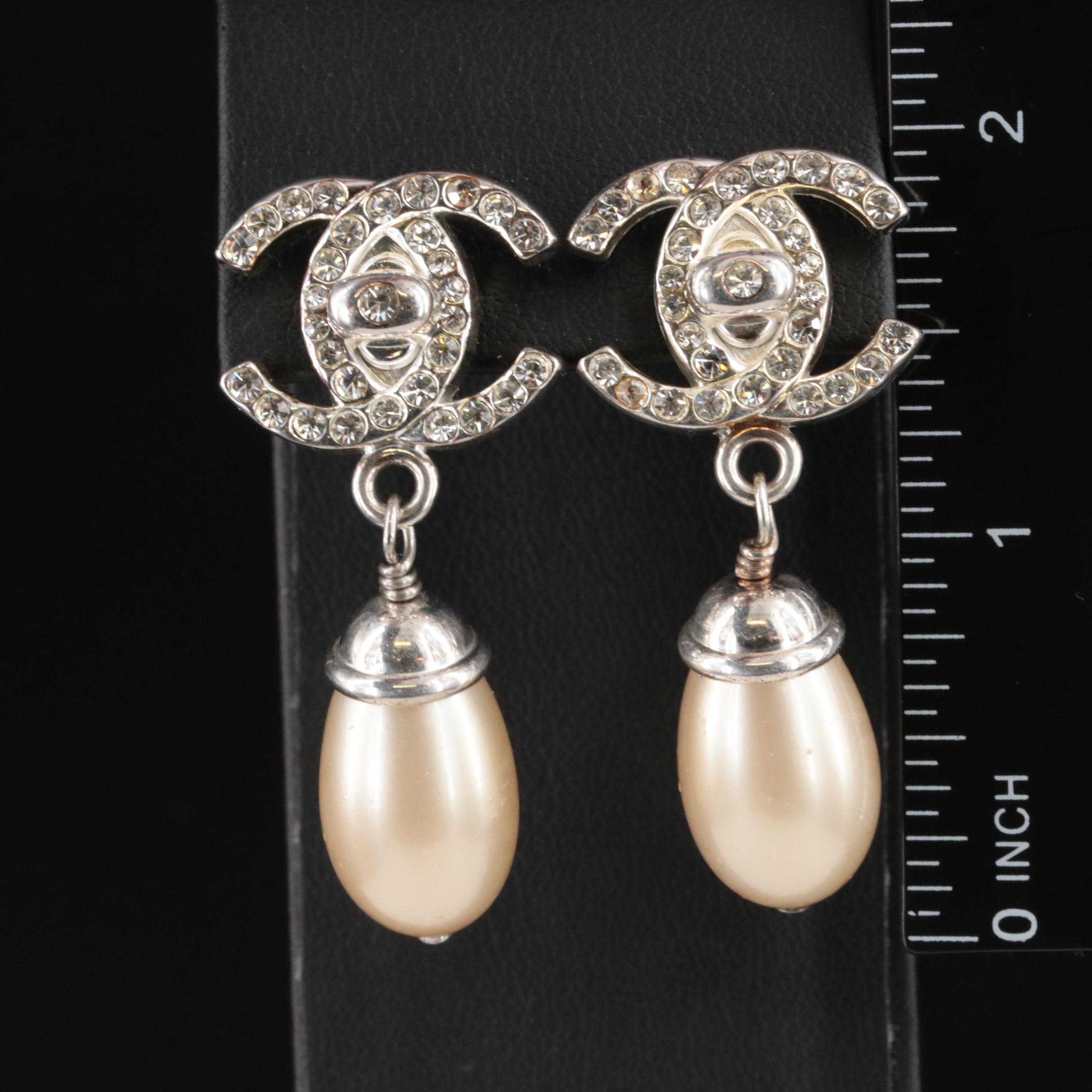 Chanel Turn Lock Double C Logo Earrings with Faux Pearl Strass and Pearl Drops