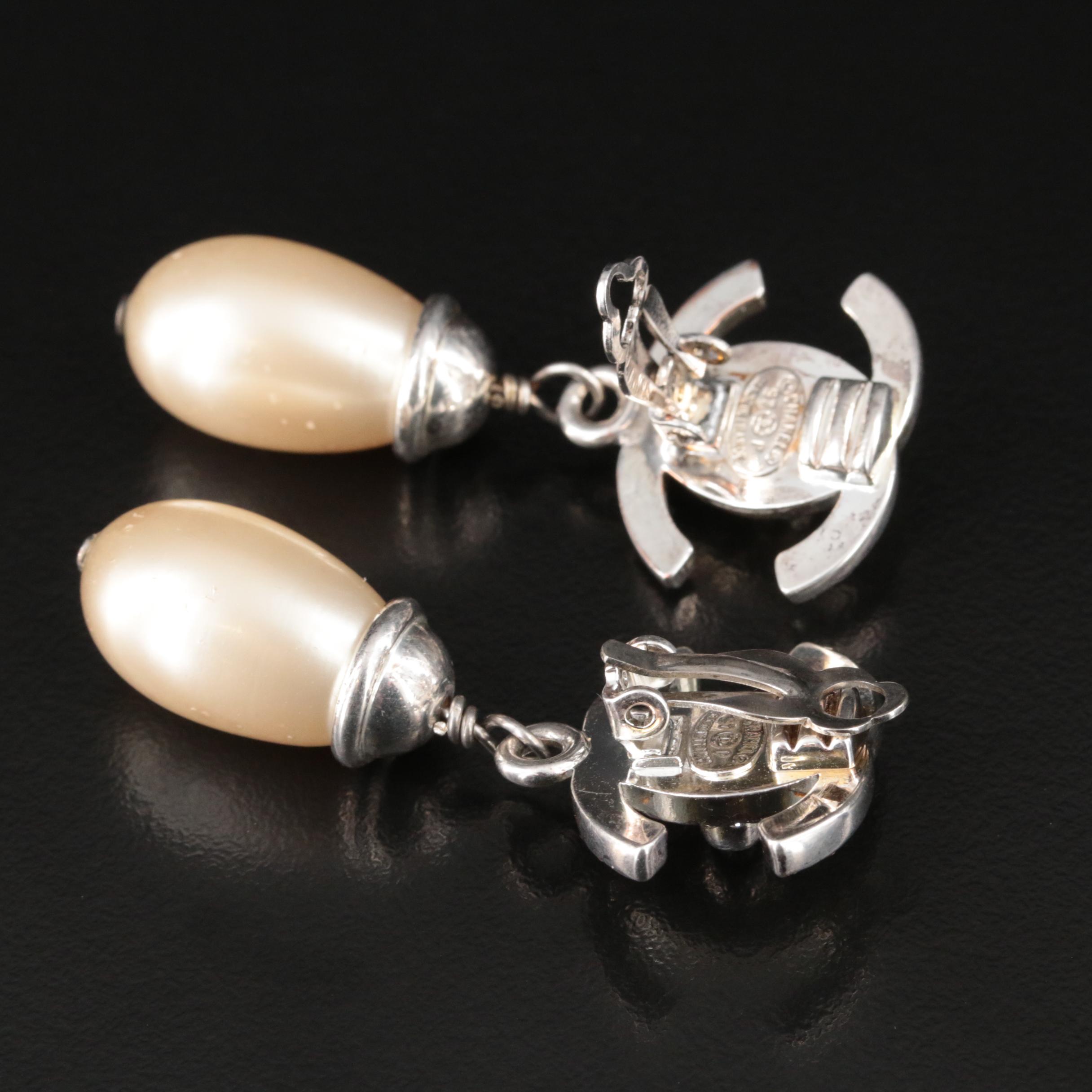 Chanel Turn Lock Double C Logo Earrings with Faux Pearl Strass and Pearl Drops