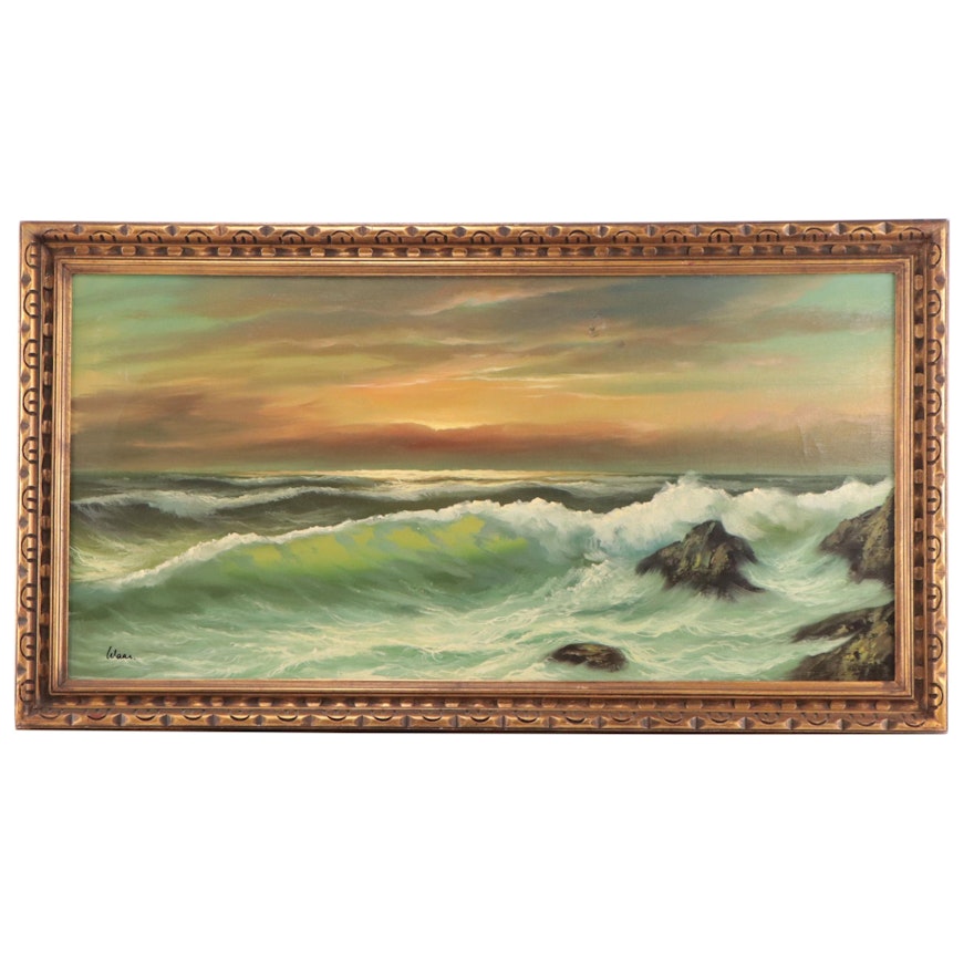 Sunset Seascape Oil Painting of Crashing Waves