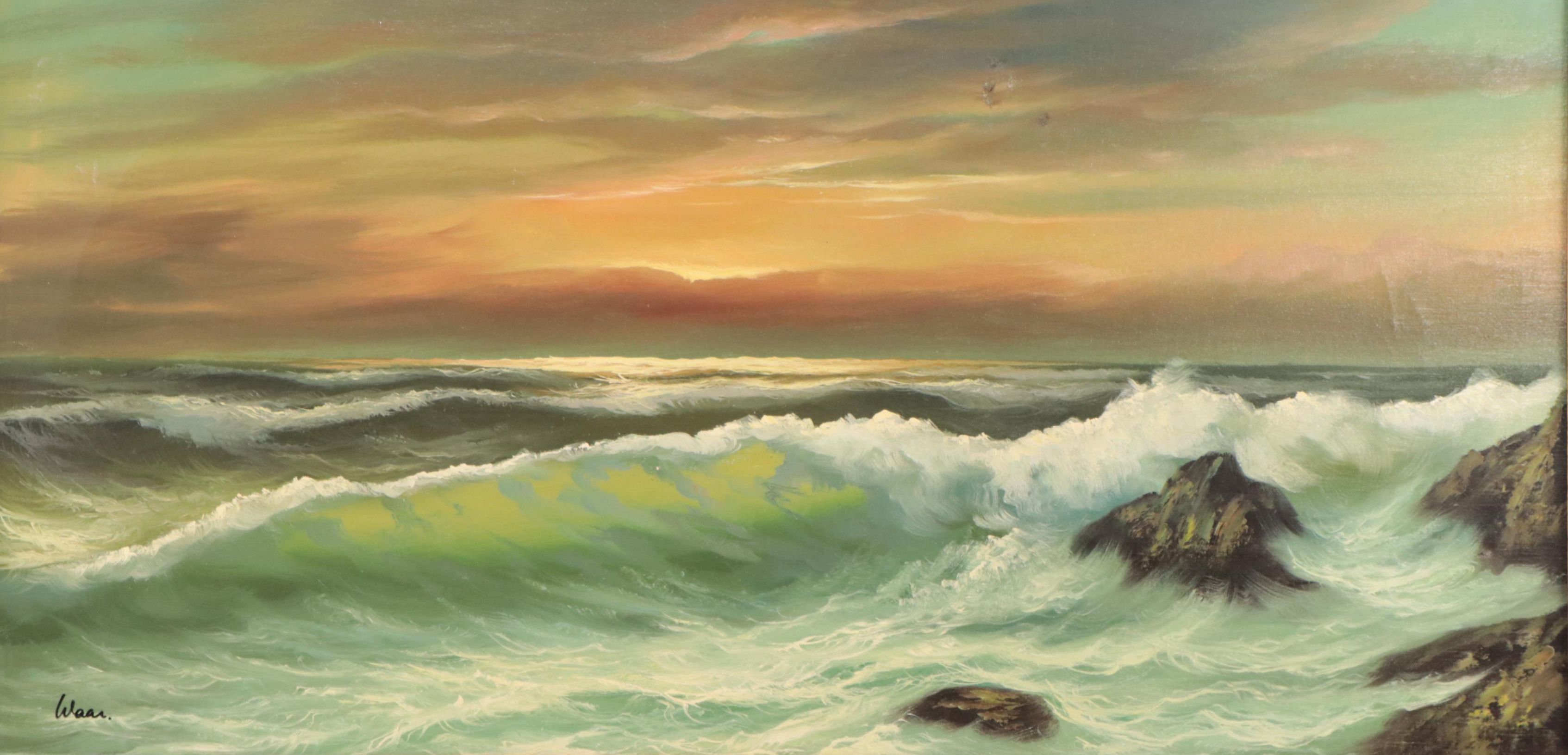 Sunset Seascape Oil Painting of Crashing Waves