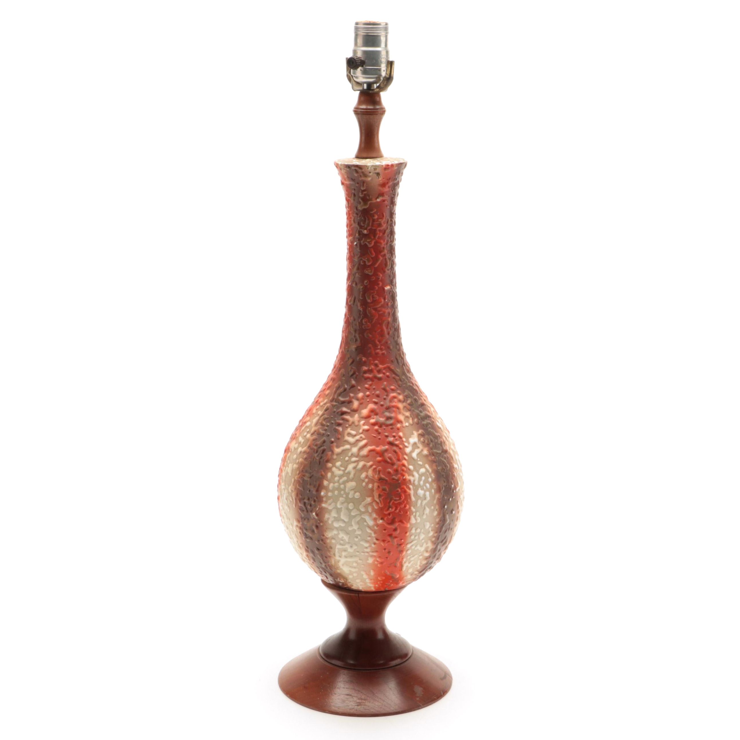 Mid Century Modern Bowling Pin Style Ceramic and Walnut Table Lamp