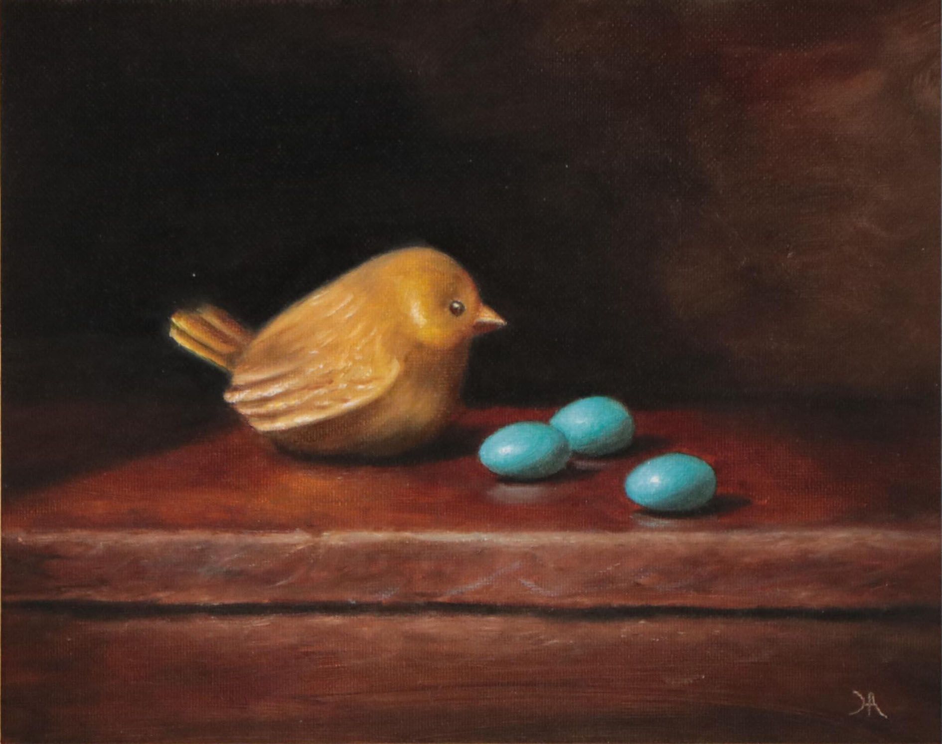 Houra H. Alghizzi Still Life Oil Painting "Golden Bird and Robin Eggs" 2023