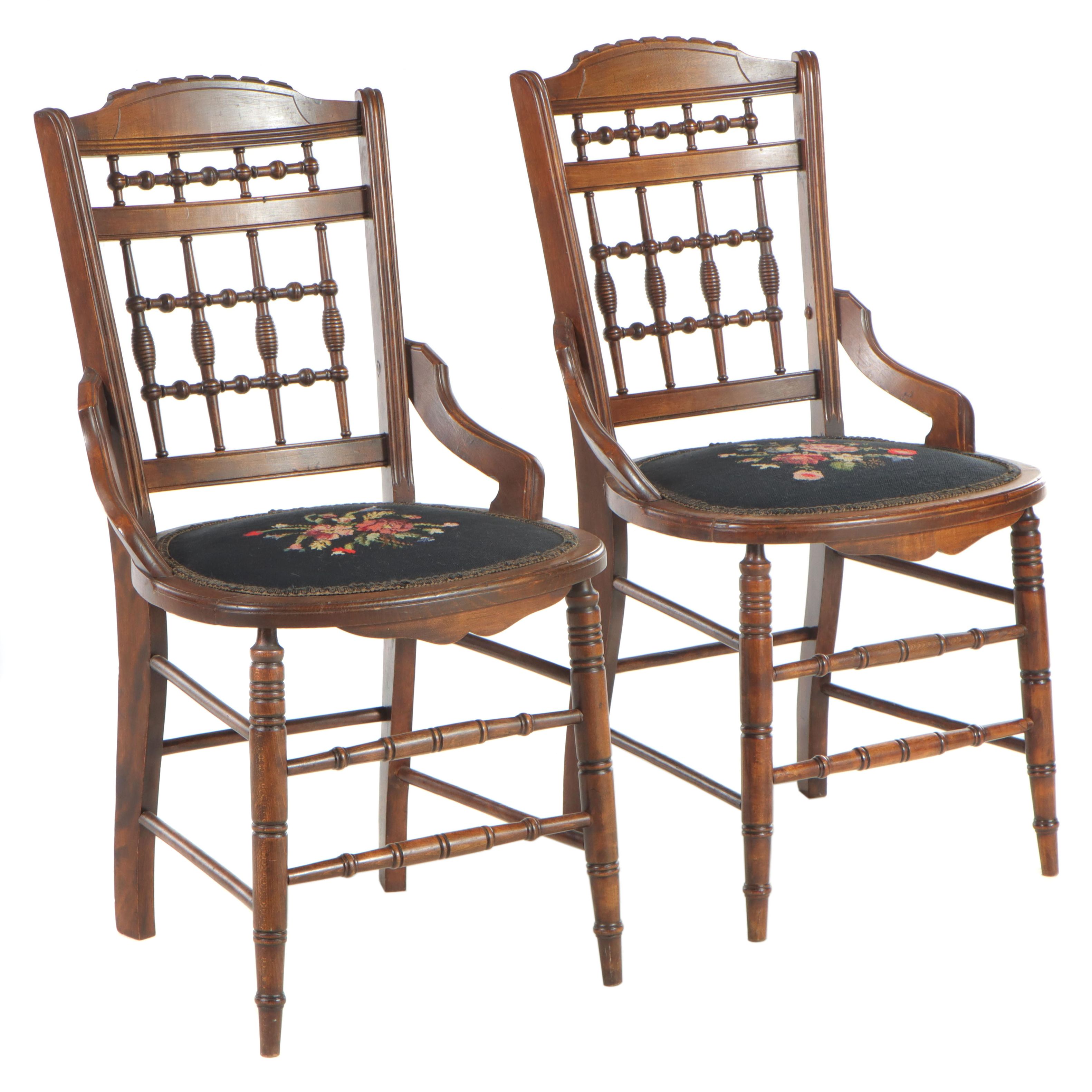 Pair of Aesthetic Movement Side Chairs in Floral Needlepoint, Late 19th Century