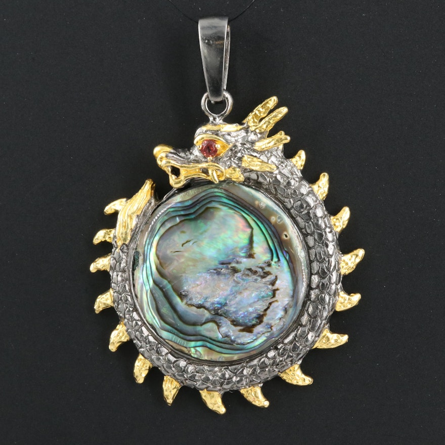Sterling Abalone and Garnet Eastern Style Dragon Pendant