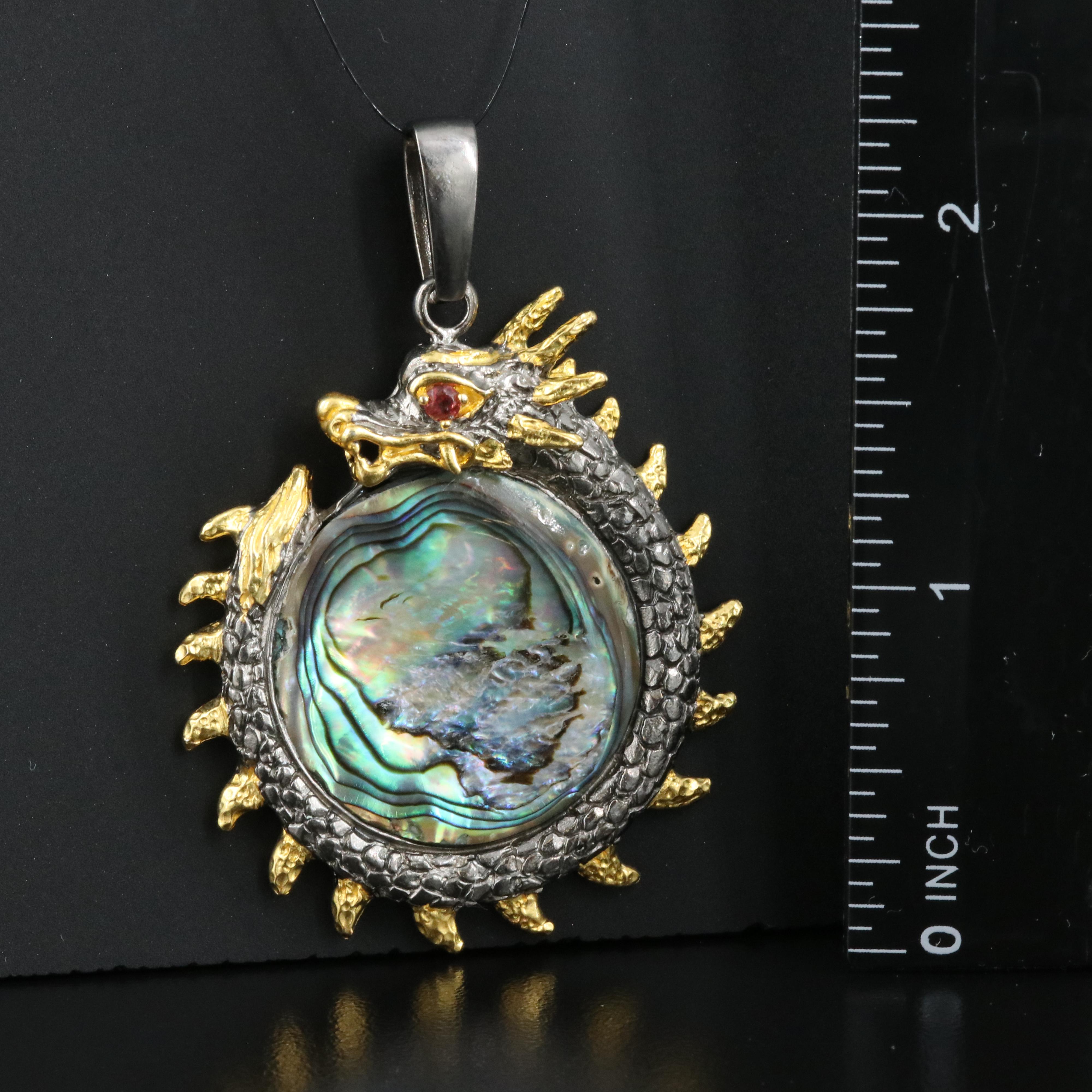 Sterling Abalone and Garnet Eastern Style Dragon Pendant