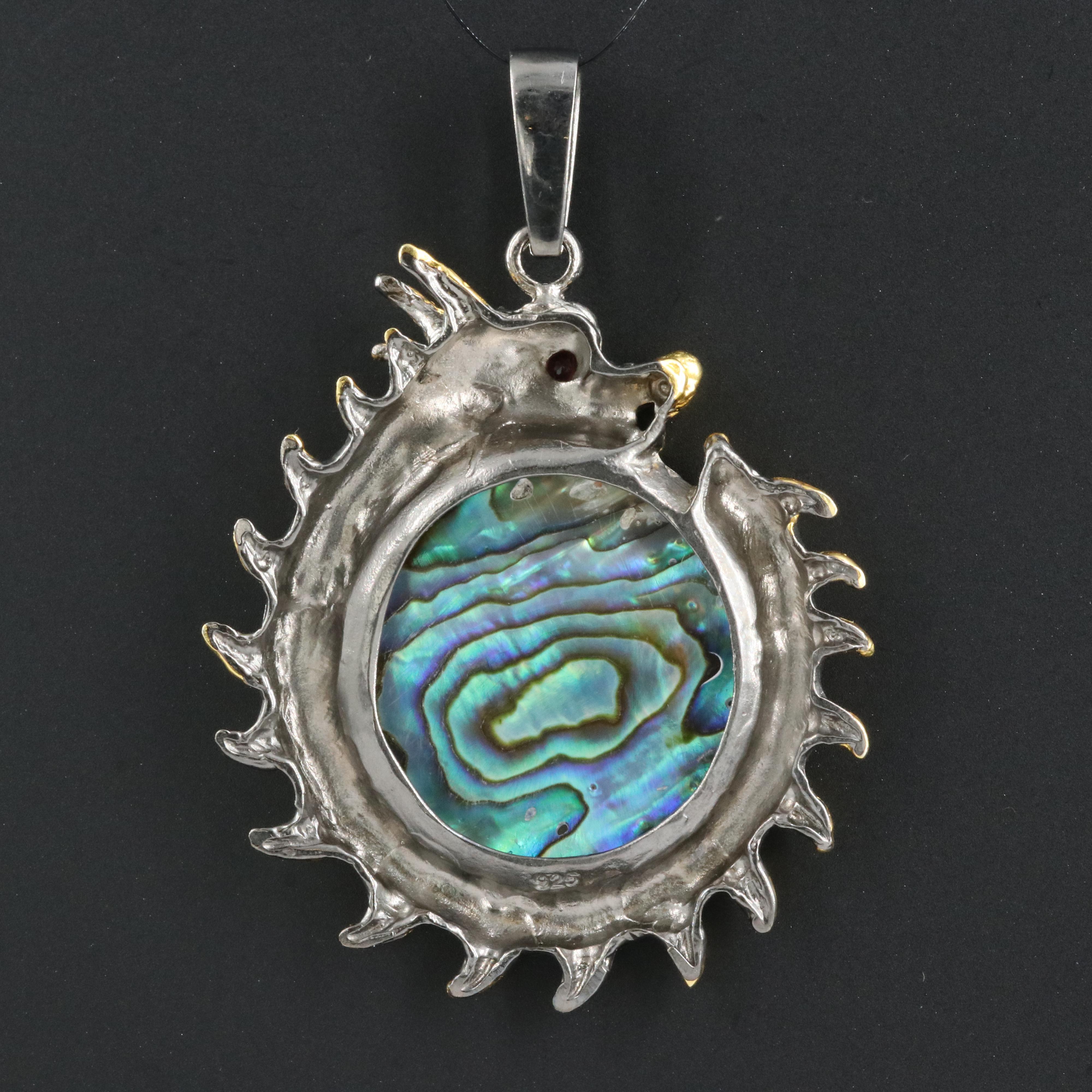 Sterling Abalone and Garnet Eastern Style Dragon Pendant