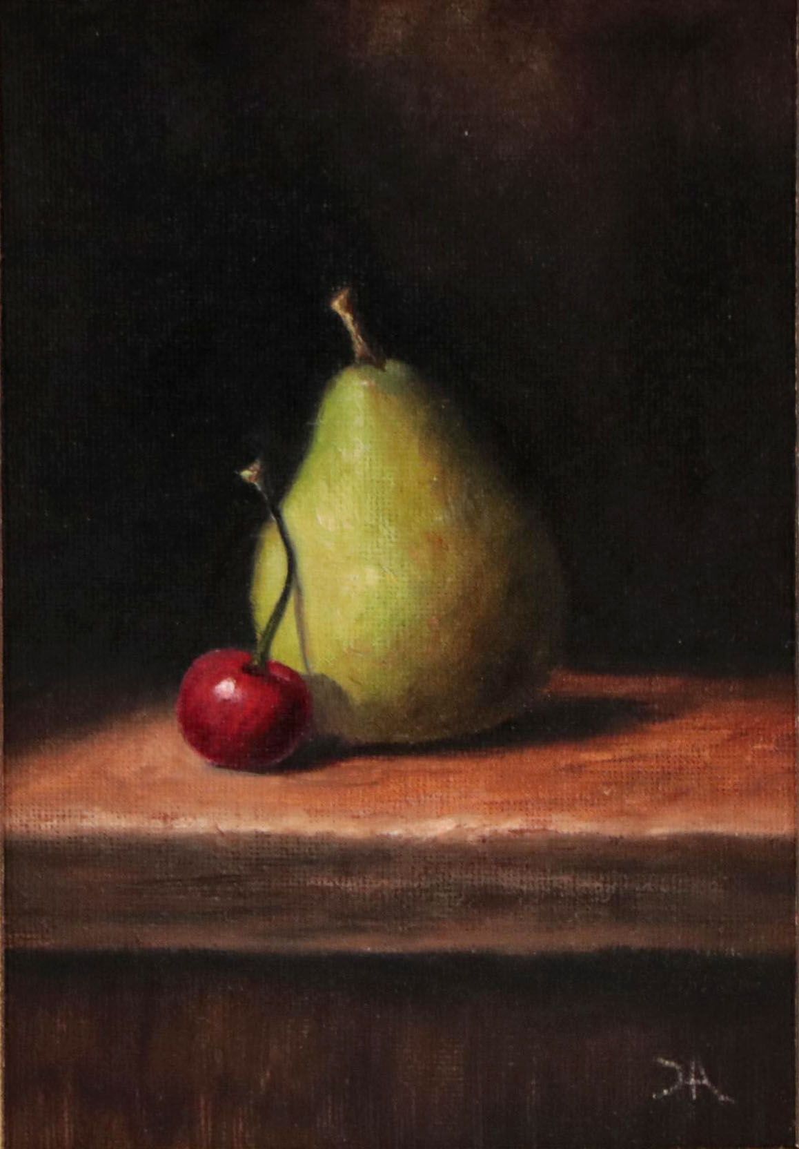 Houra H. Alghizzi Still Life Oil Painting "Green Pear and Cherry," 2023