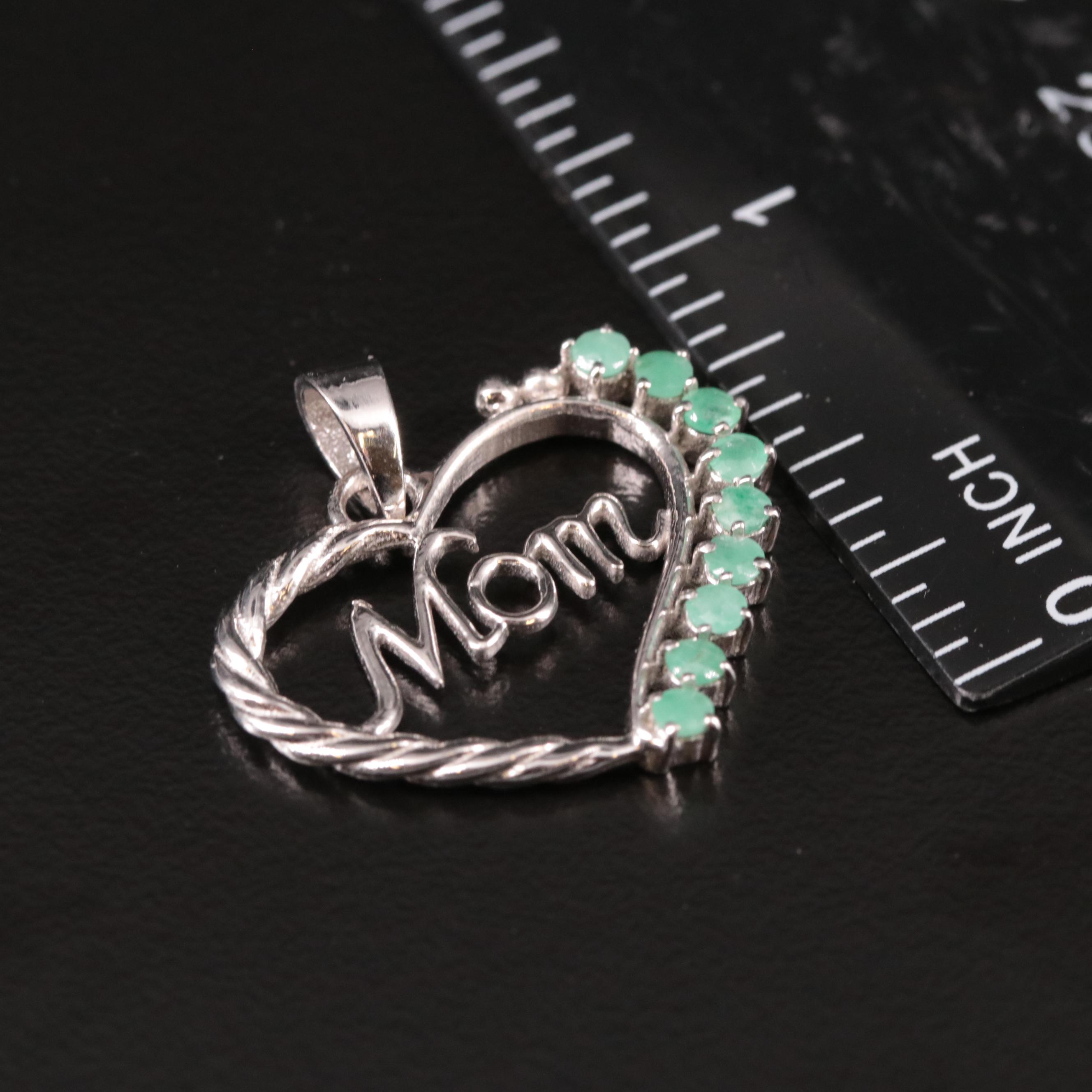 Sterling Emerald 'Mom' Heart Pendant