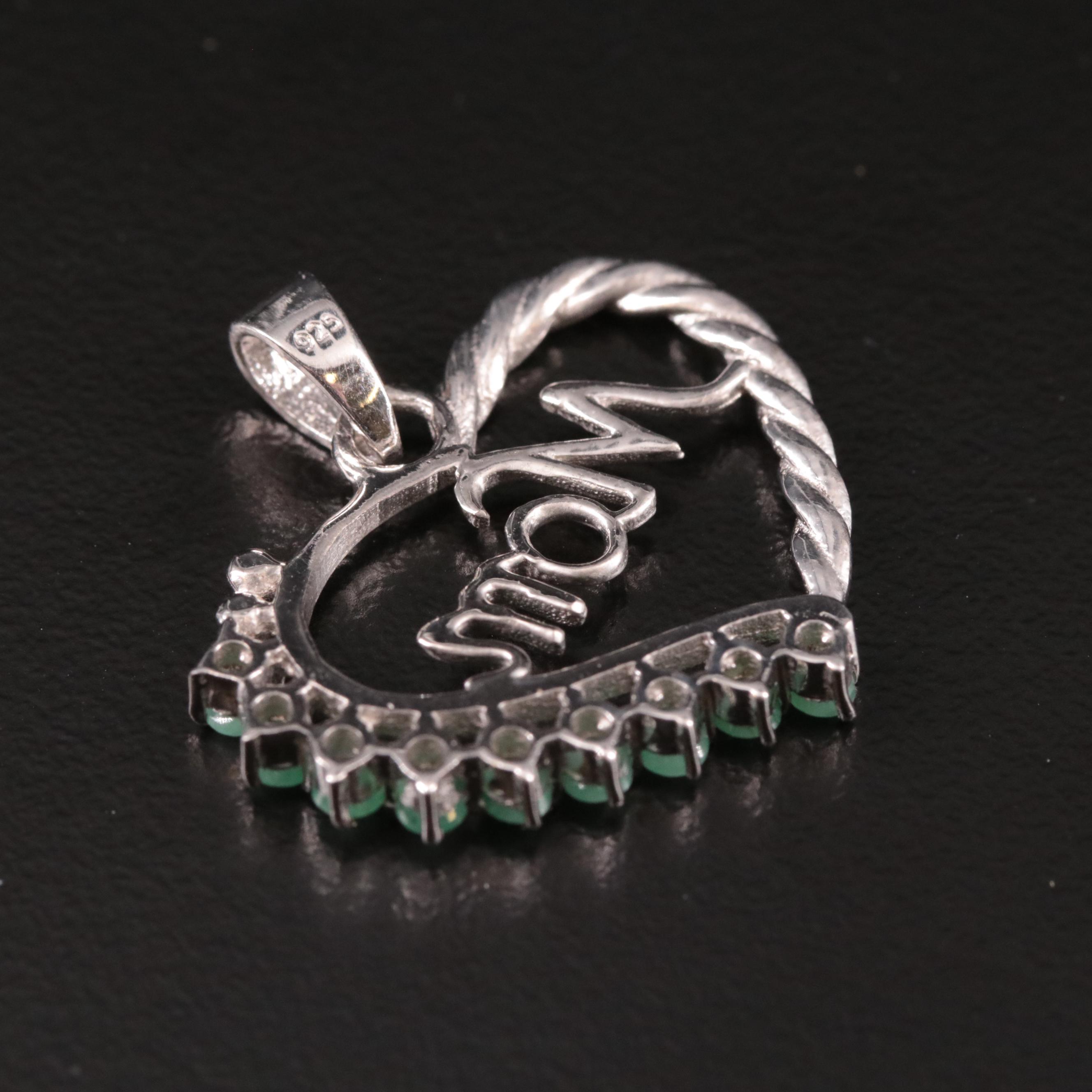 Sterling Emerald 'Mom' Heart Pendant