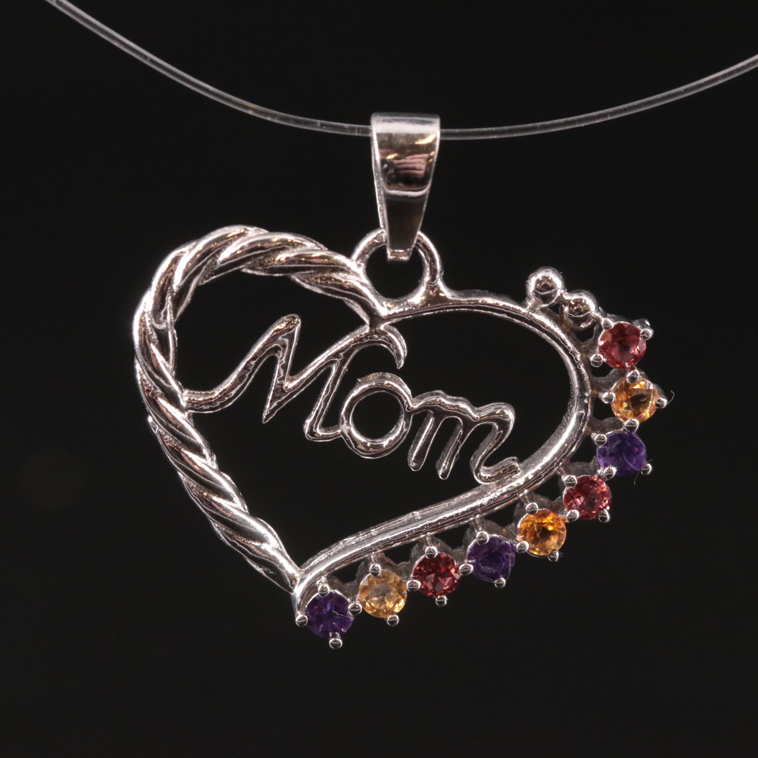 Sterling Amethyst, Citrine and Garnet 'Mom' Heart Pendant