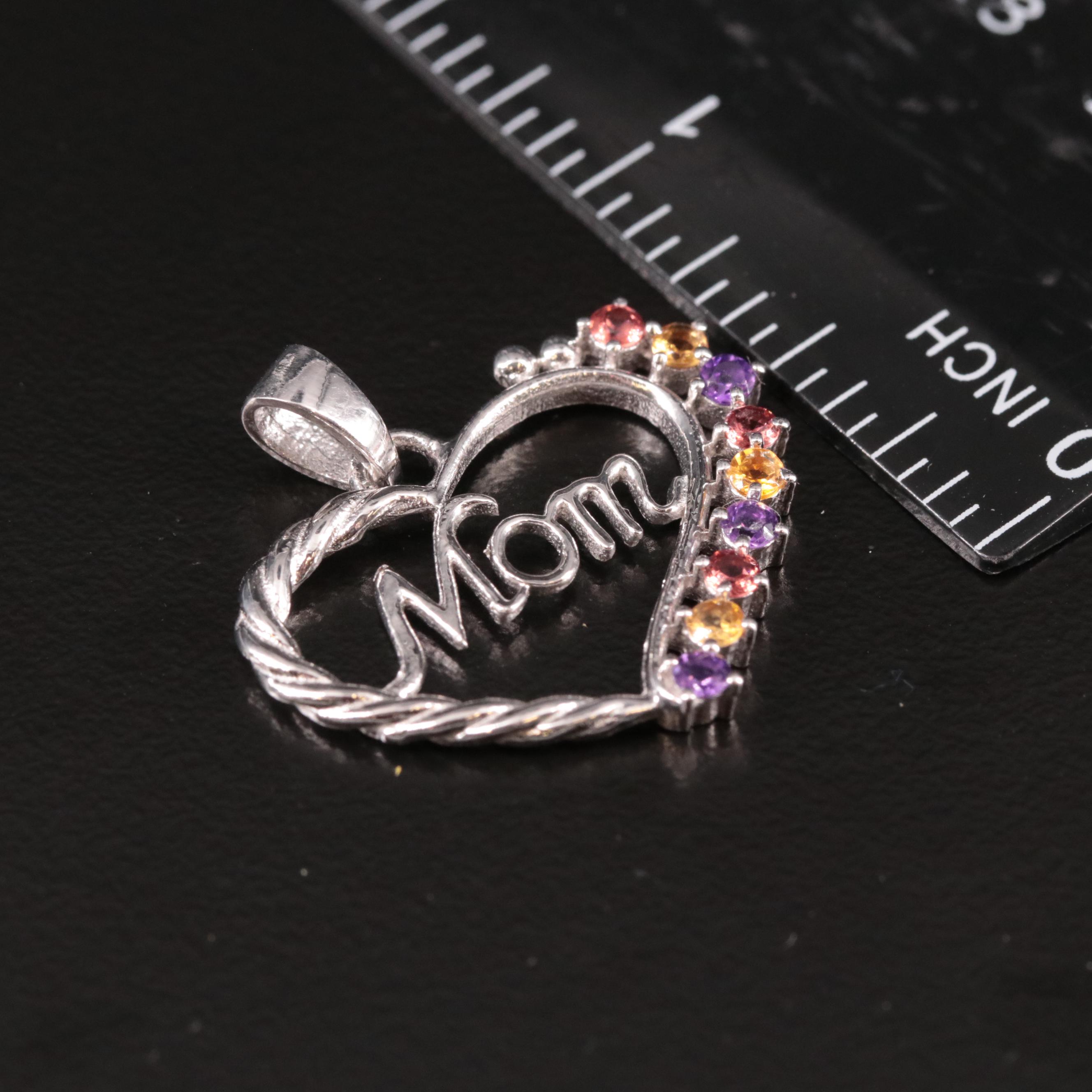 Sterling Amethyst, Citrine and Garnet 'Mom' Heart Pendant