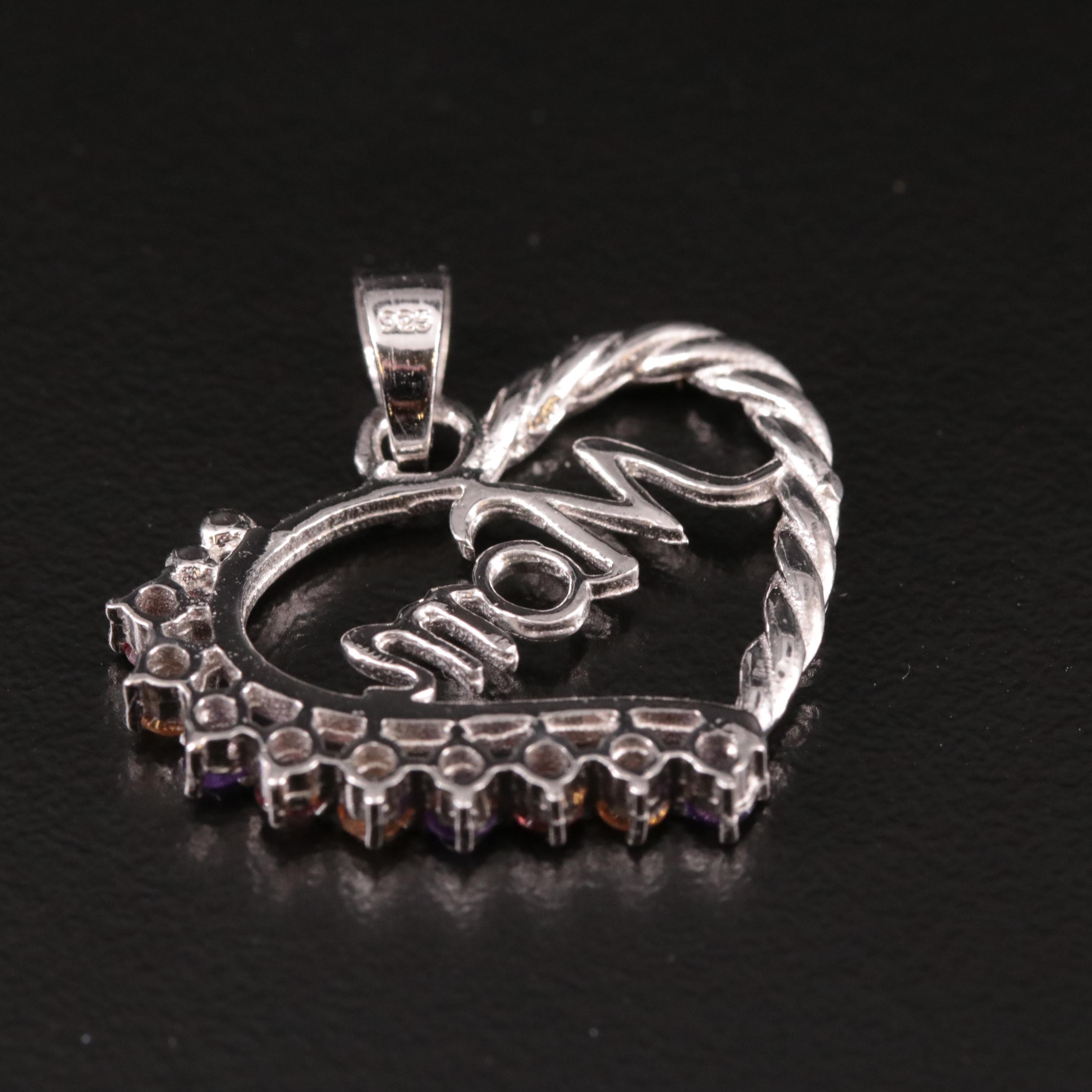 Sterling Amethyst, Citrine and Garnet 'Mom' Heart Pendant