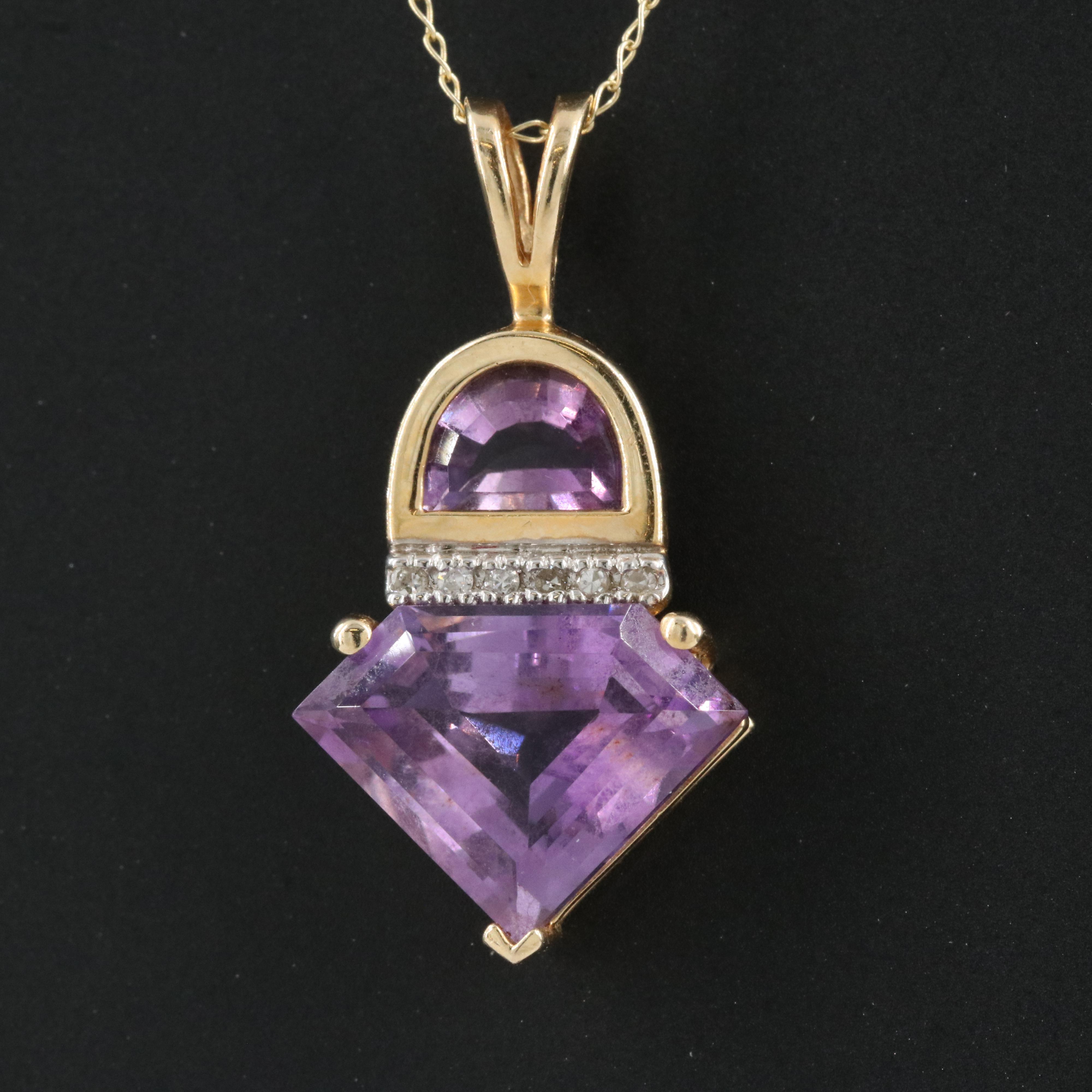 14K Amethyst and Diamond Pendant on 10K Chain