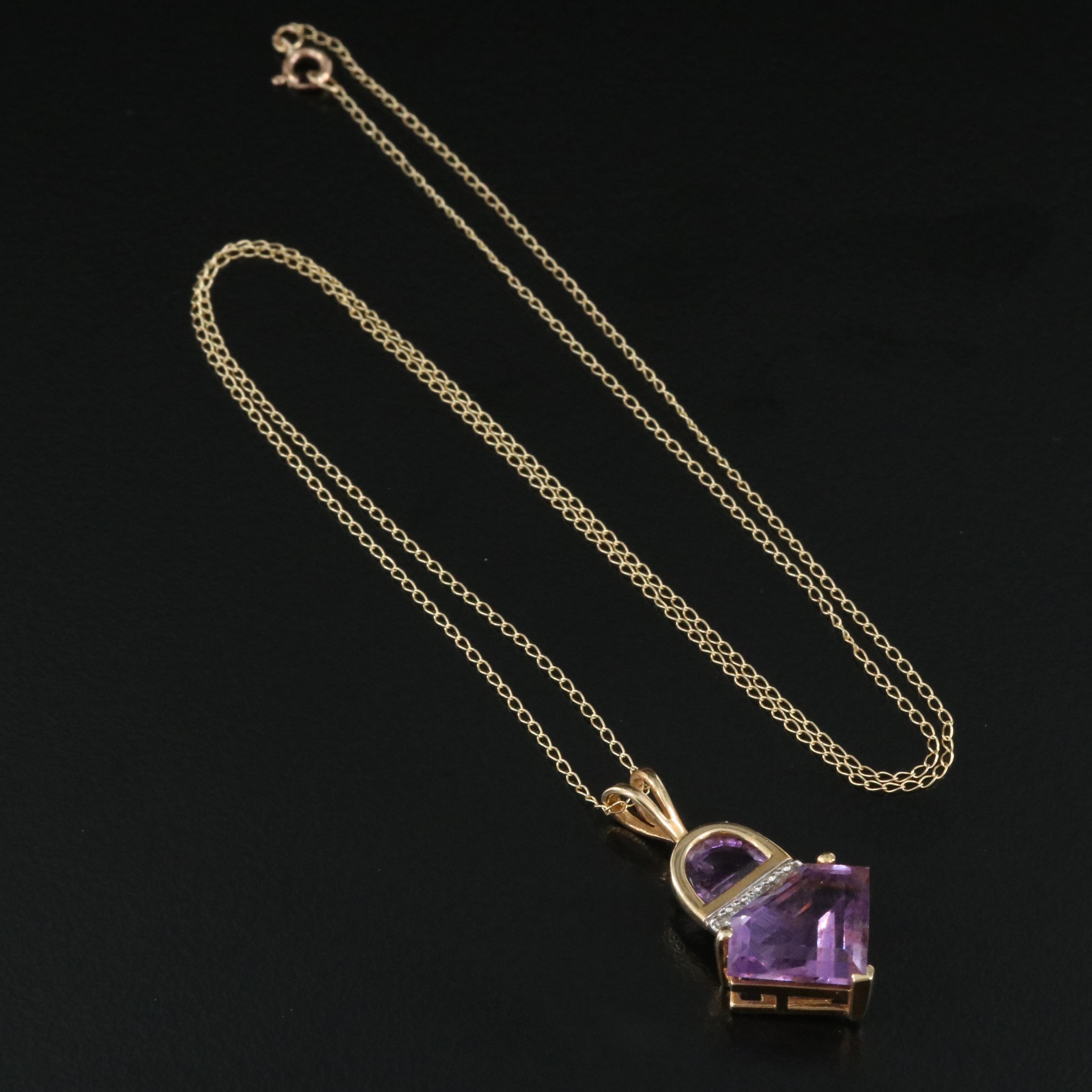 14K Amethyst and Diamond Pendant on 10K Chain
