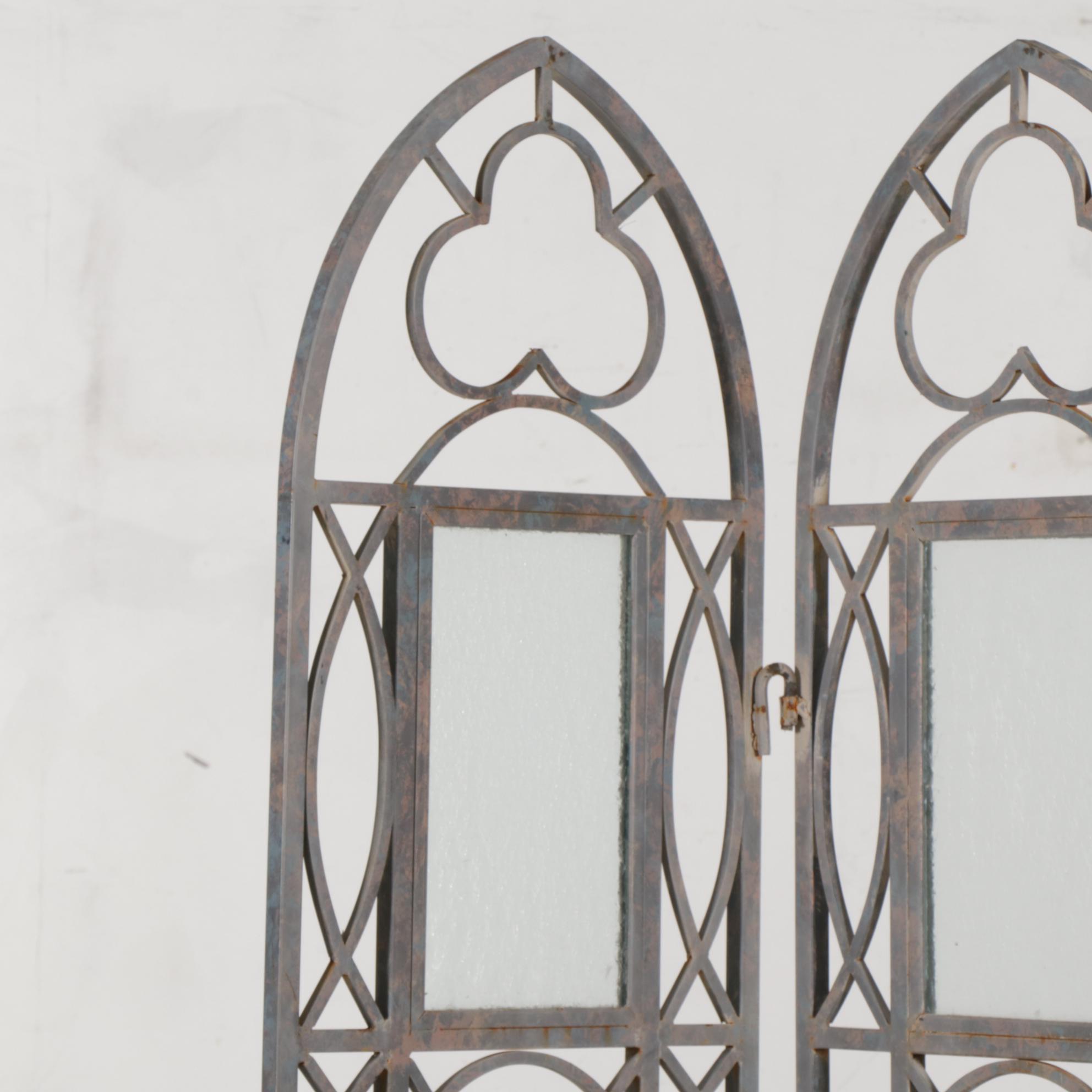 Gothic Style Bar Metal and Textured Glass Three-Panel Folding Screen